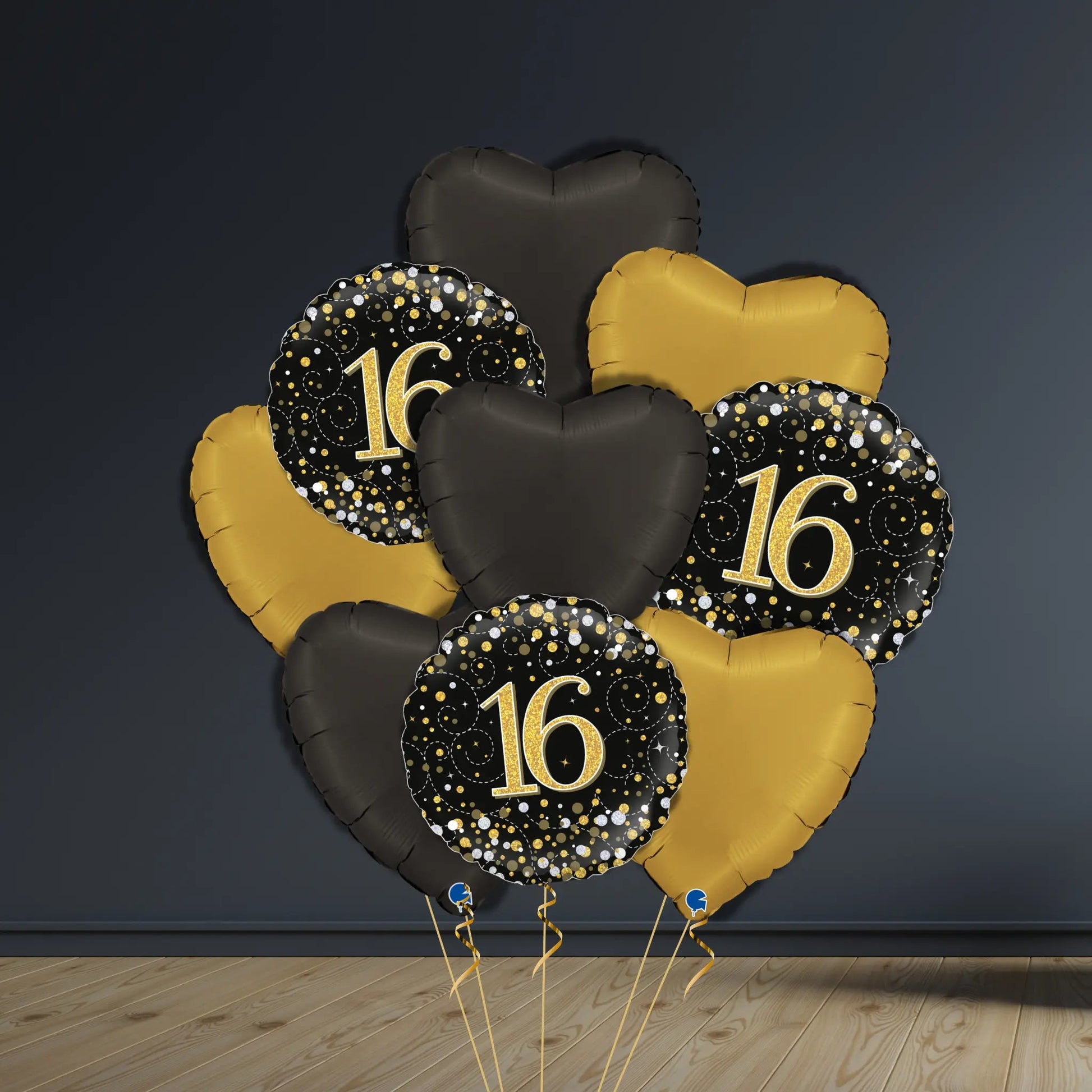 16th Birthday Balloon Package | Black & Gold Hearts & Helium