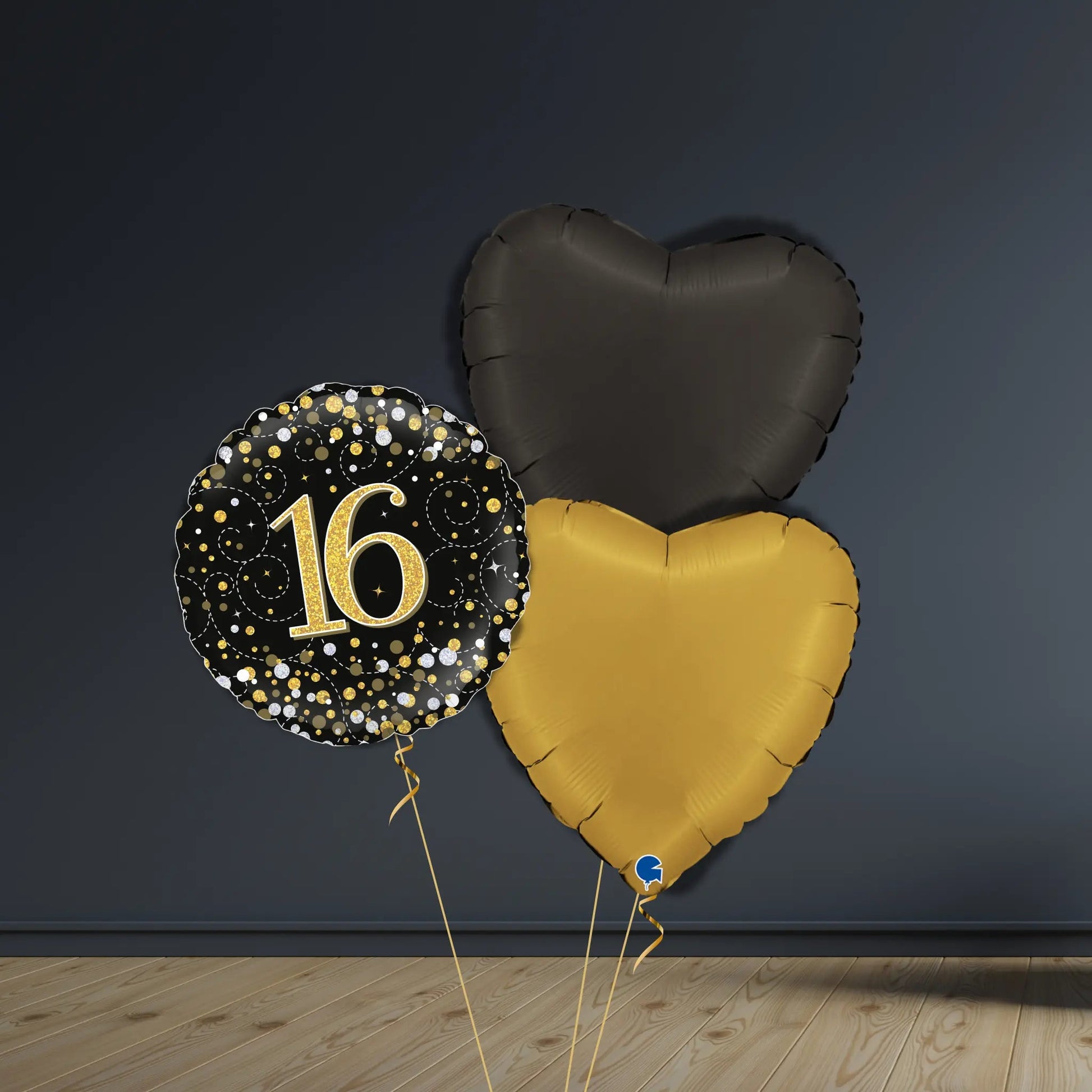 16th Birthday Balloon Package | Black & Gold Hearts & Helium