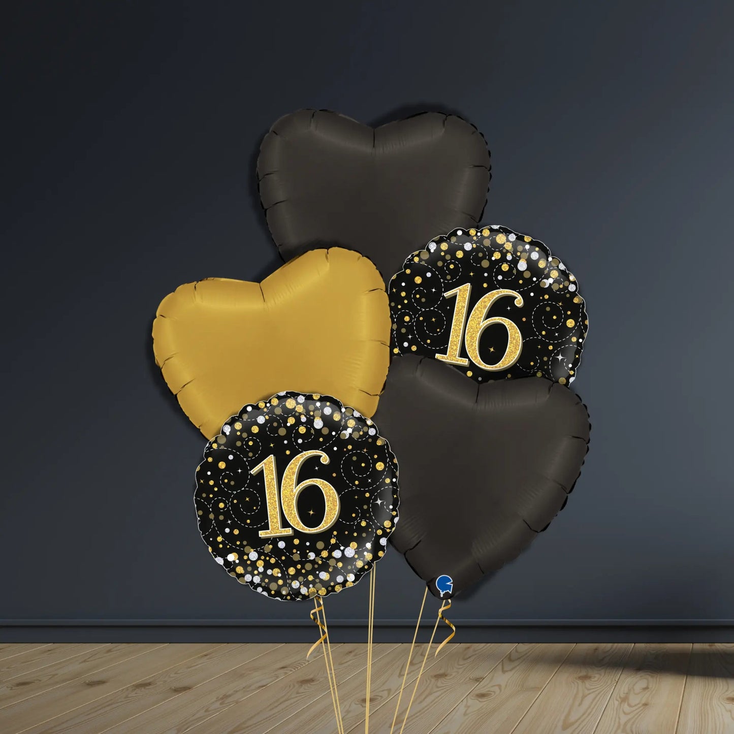 16th Birthday Balloon Package | Black & Gold Hearts, Helium | The Party Hut Cheltenham