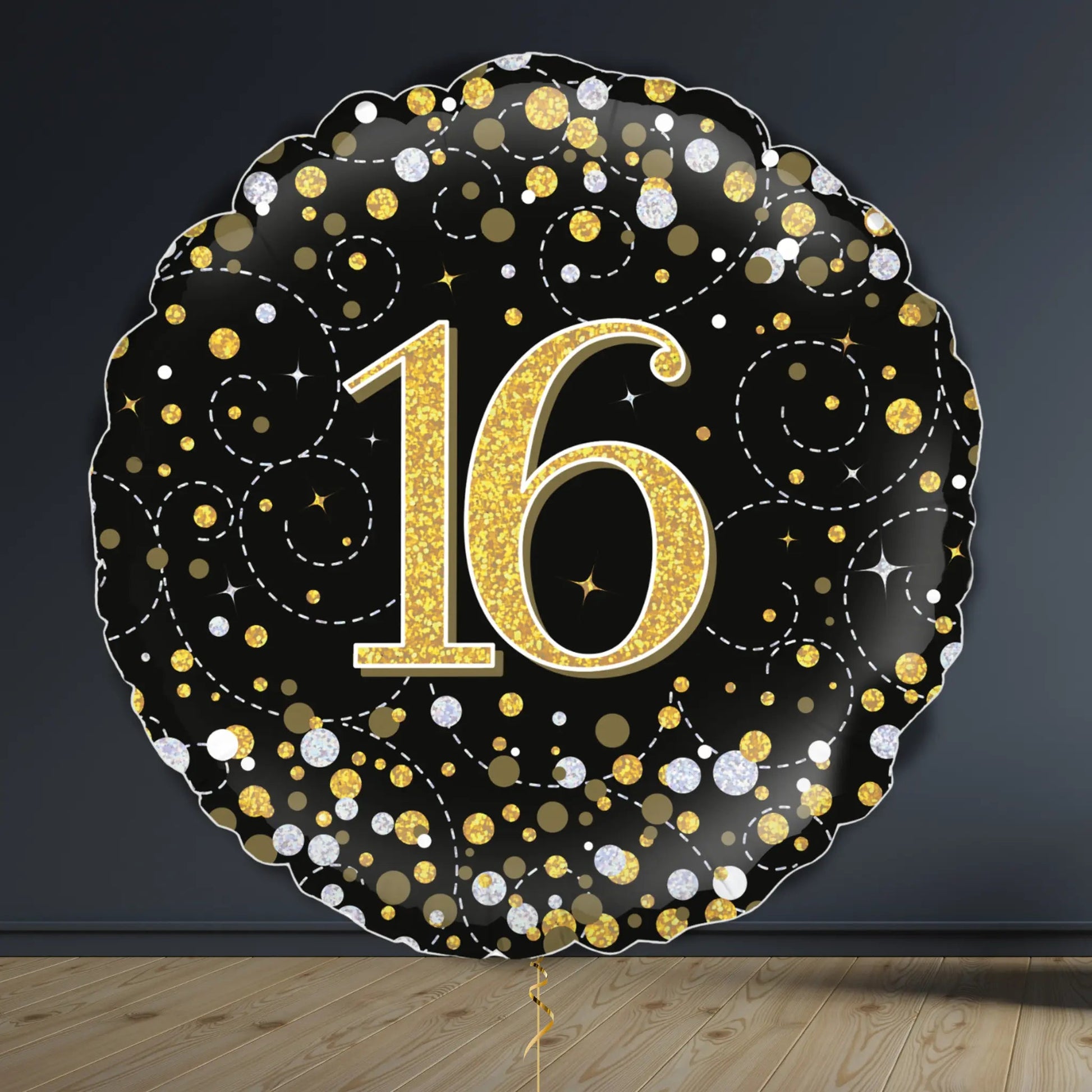 16th Birthday Balloon Package | Black & Gold Hearts & Helium