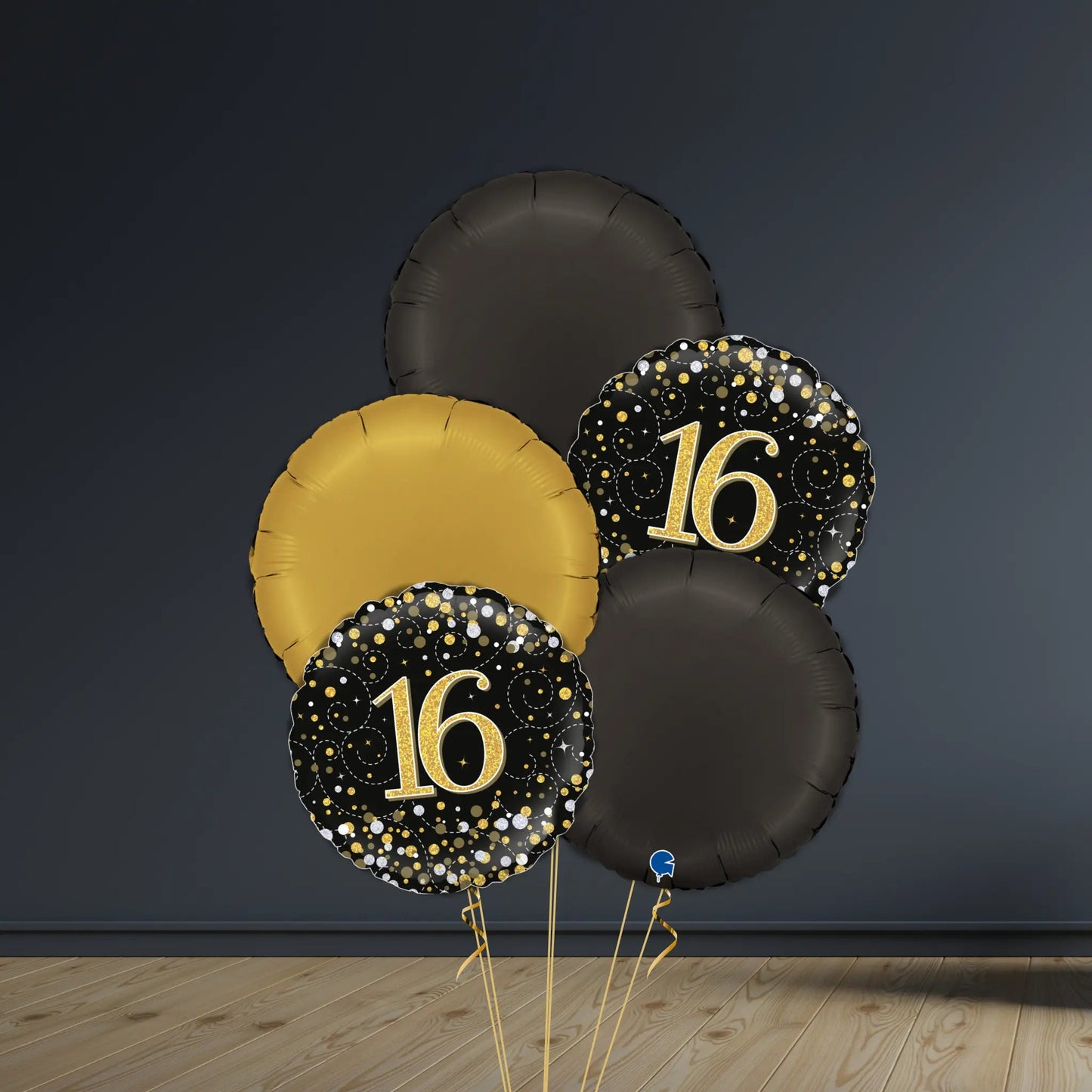 16th Birthday Balloon Package | Black & Gold Rounds, Helium | The Party Hut Cheltenham