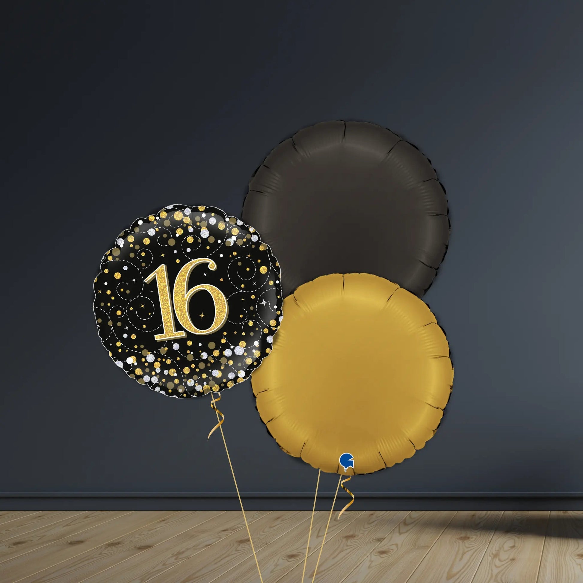 16th Birthday Balloon Package | Black & Gold Rounds, Helium