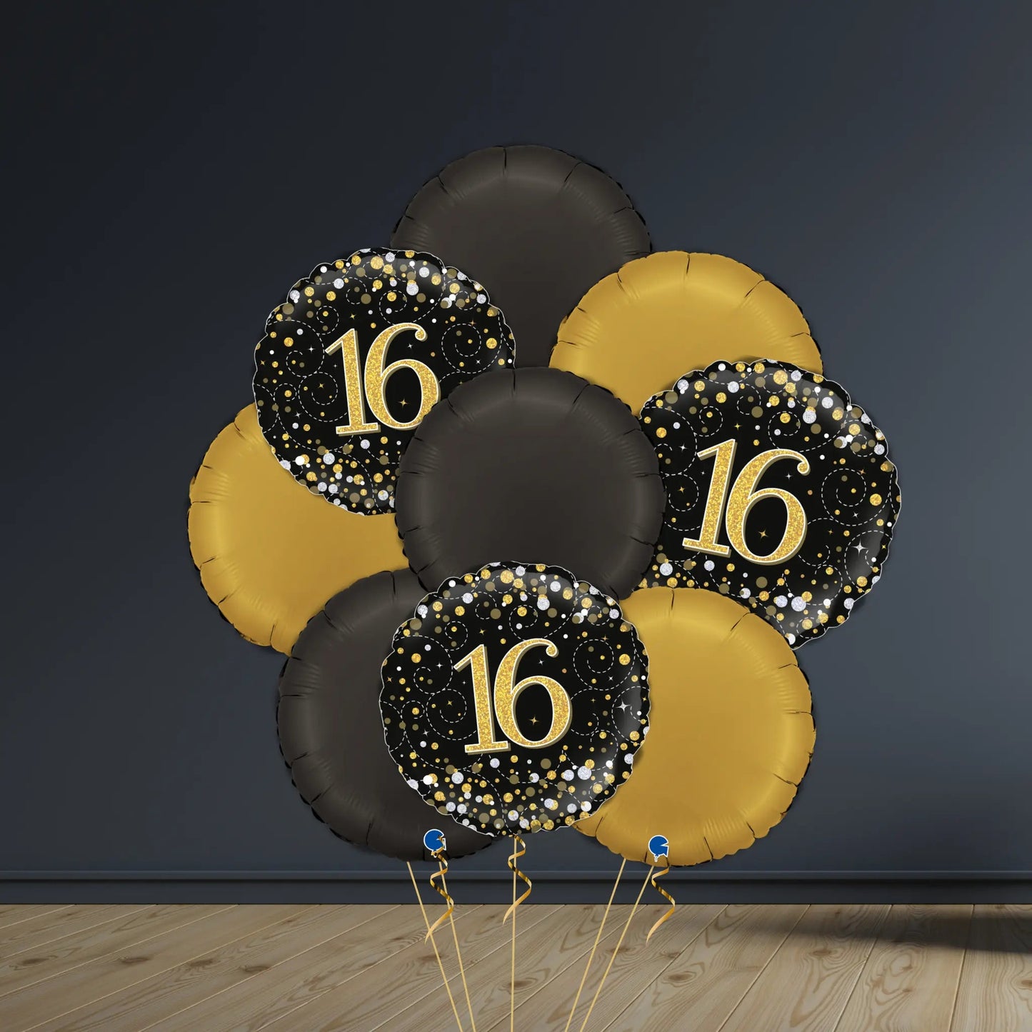16th Birthday Balloon Package | Black & Gold Rounds, Helium | The Party Hut Cheltenham