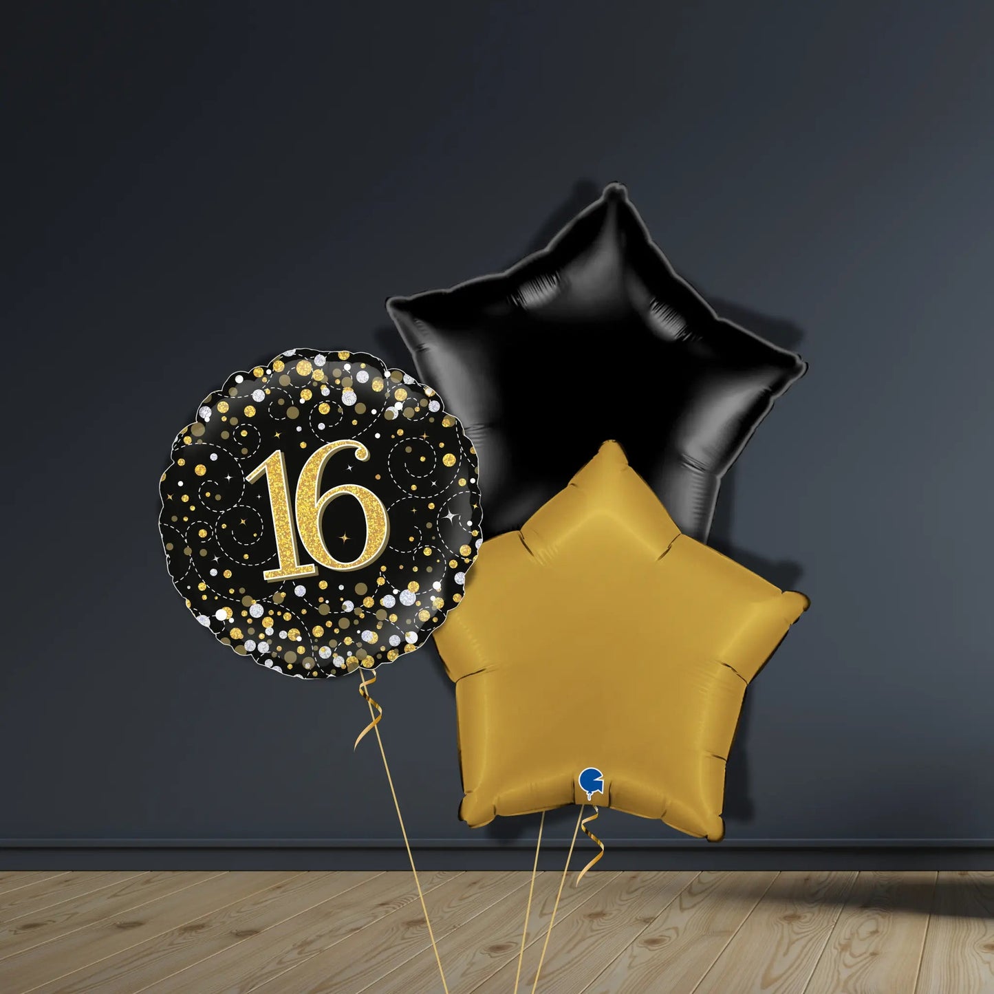 16th Birthday Balloon Package | Black & Gold Stars, Helium | The Party Hut Cheltenham