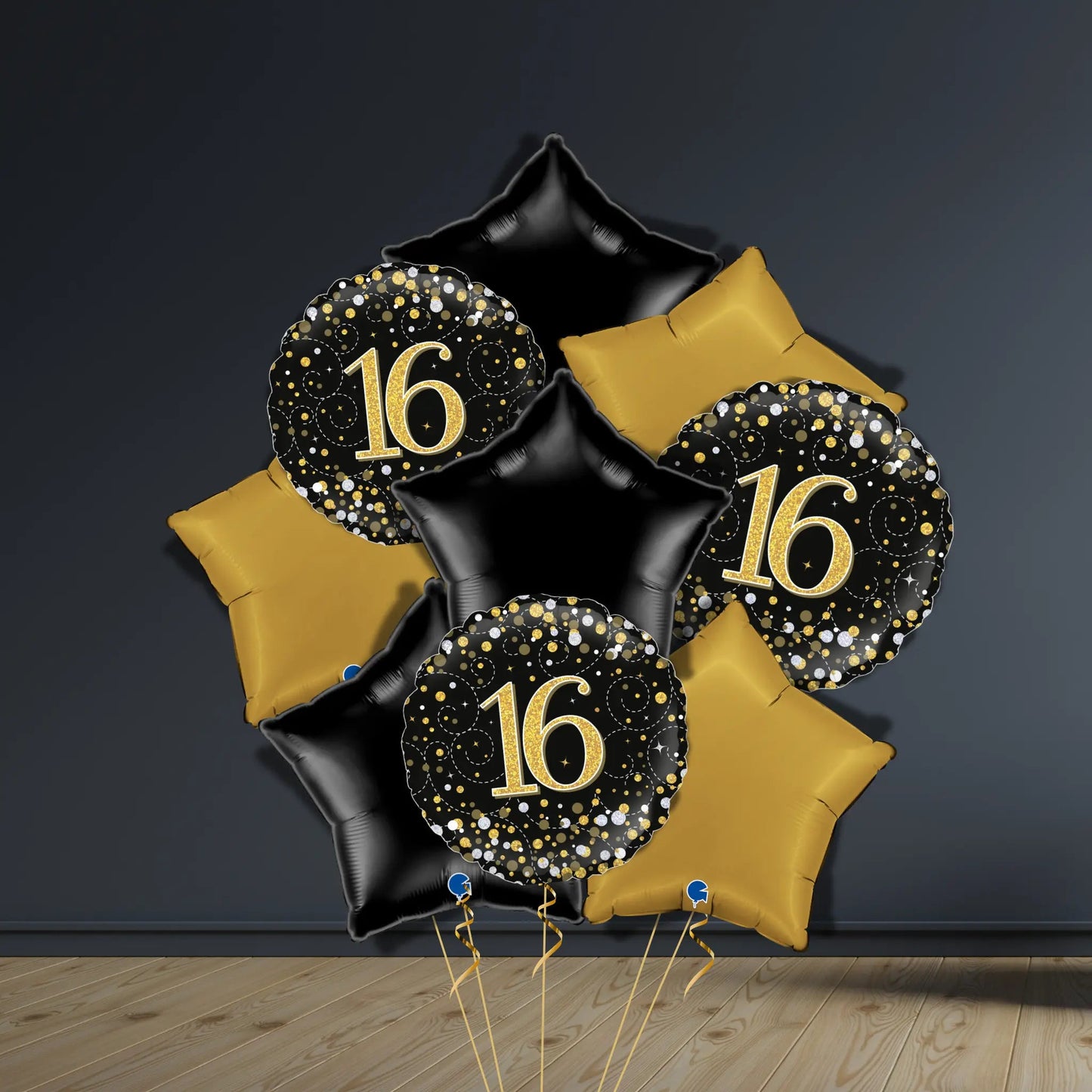 16th Birthday Balloon Package | Black & Gold Stars, Helium | The Party Hut Cheltenham
