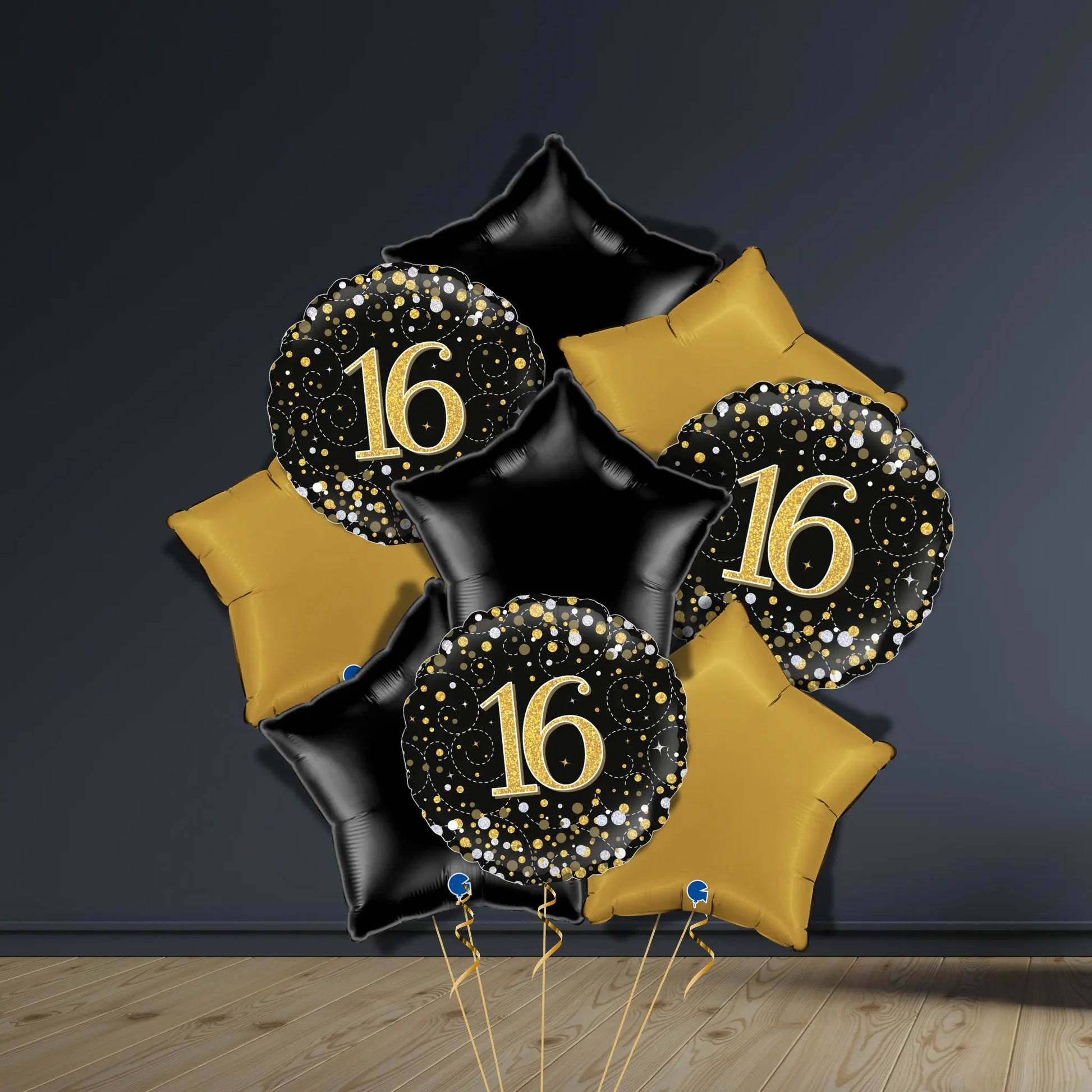 16th Birthday Balloon Package | Black & Gold Stars & Helium