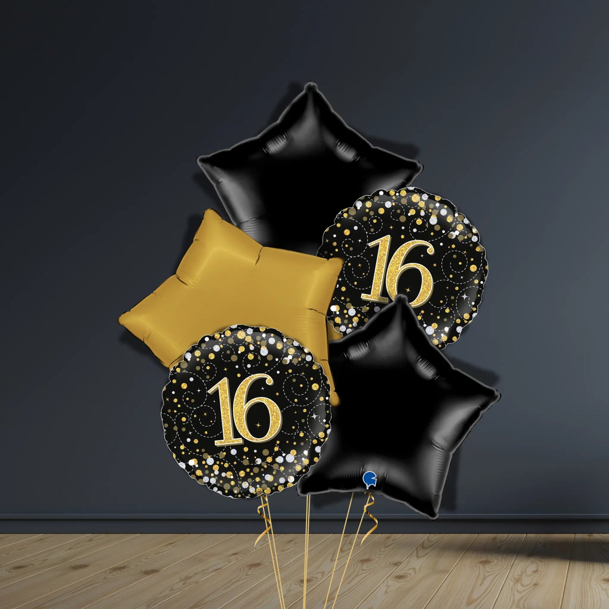 16th Birthday Balloon Package | Black & Gold Stars & Helium