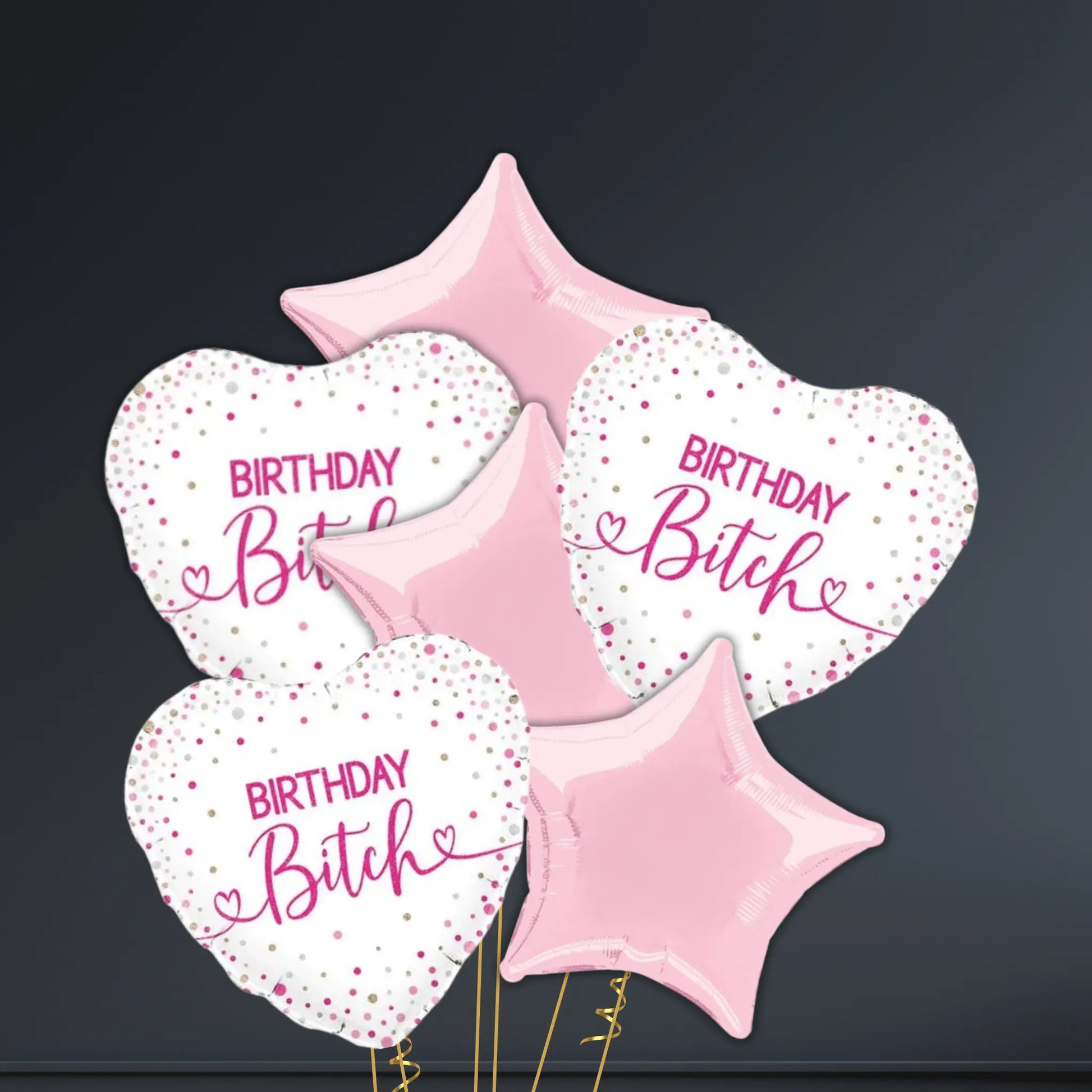 💖 18" Birthday Bitch Holographic Heart Balloon Bouquet – Helium-Filled 🎈