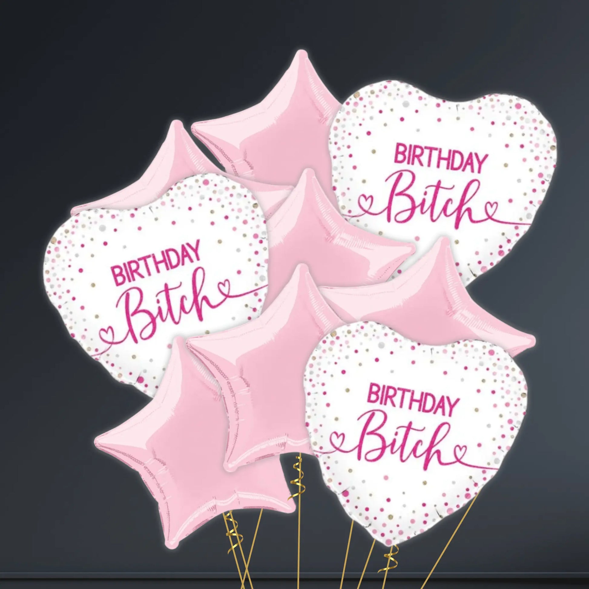 💖 18" Birthday Bitch Holographic Heart Balloon Bouquet – Helium-Filled 🎈