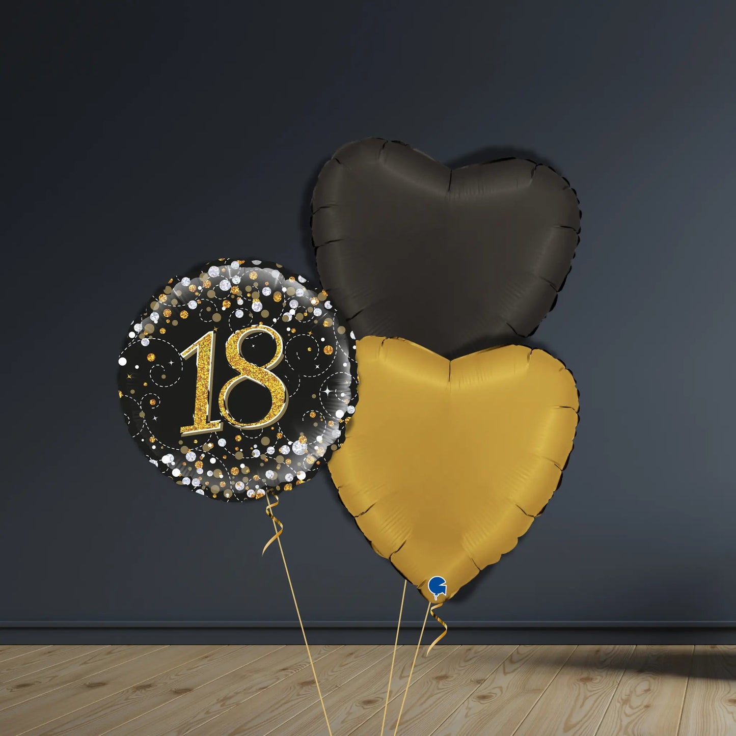 18th Birthday Balloon Package | Black & Gold Hearts, Helium | The Party Hut Cheltenham