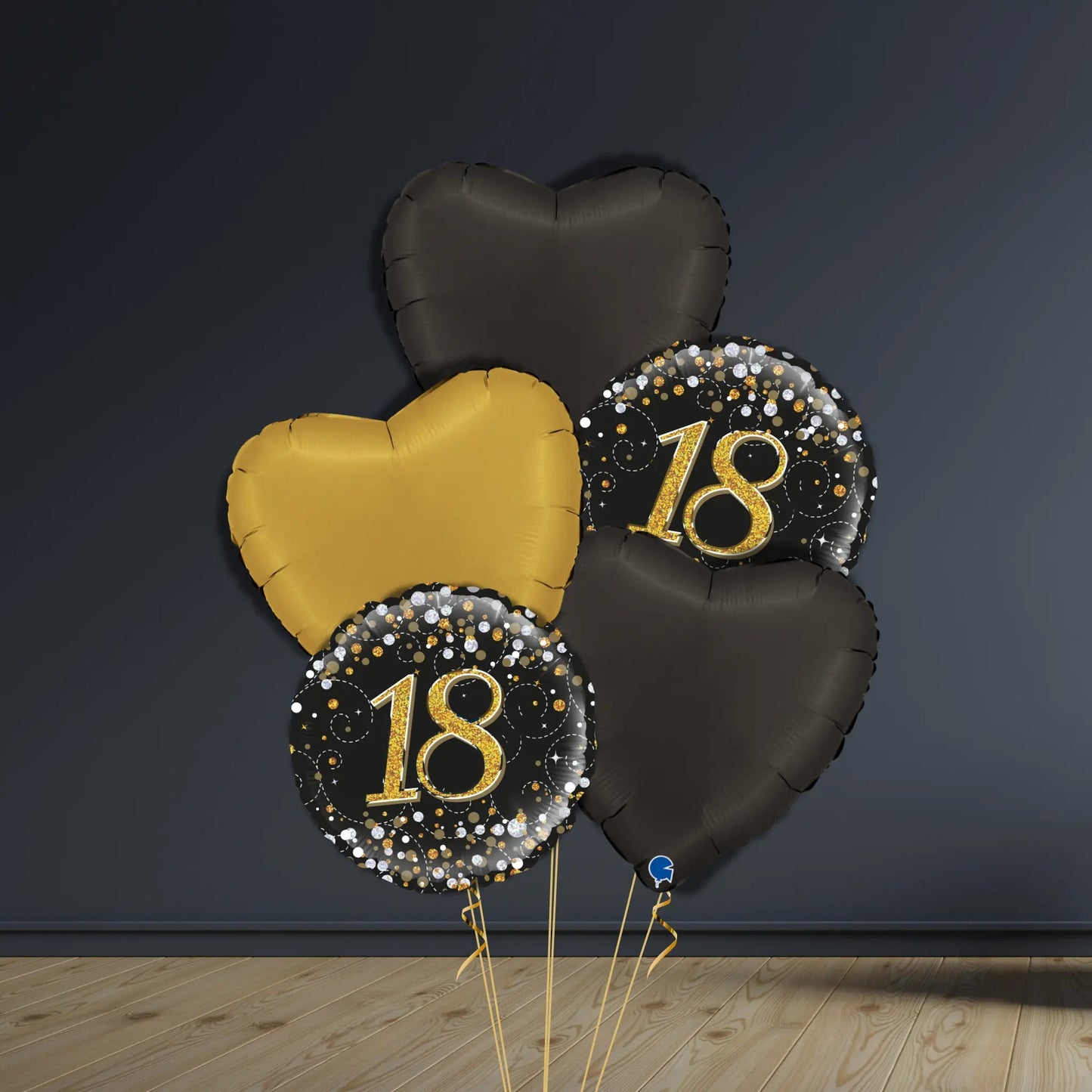 18th Birthday Balloon Package | Black & Gold Hearts, Helium | The Party Hut Cheltenham