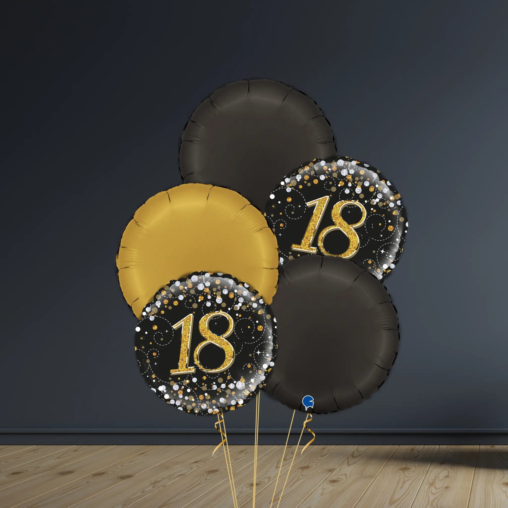 18th Birthday Balloon Package | Black & Gold Rounds, Helium