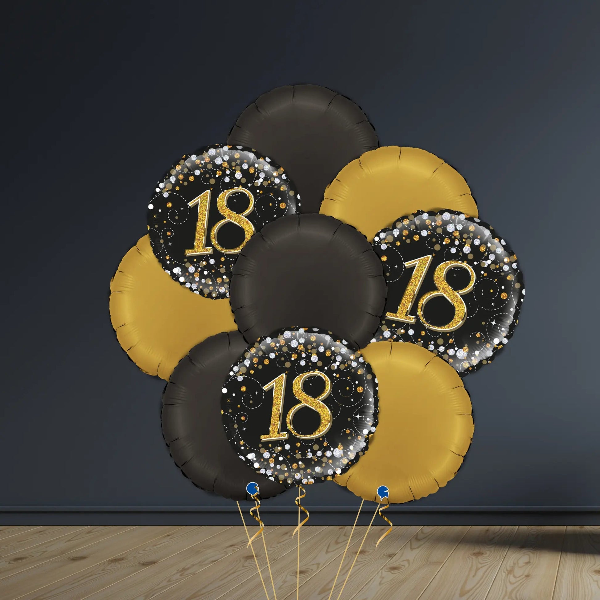 18th Birthday Balloon Package | Black & Gold Rounds, Helium