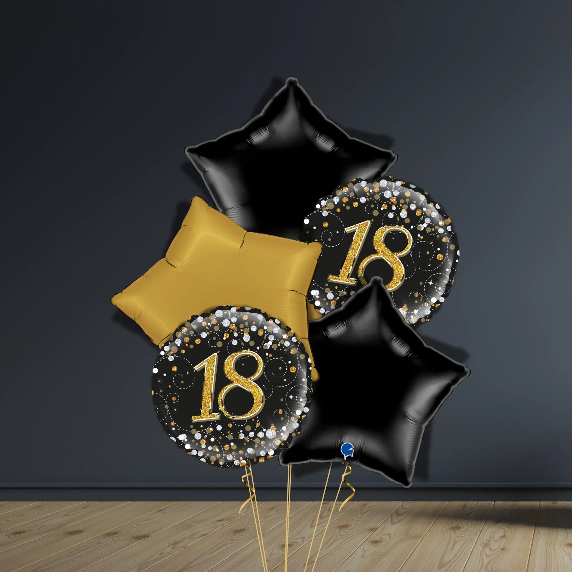 18th Birthday Balloon Package | Black & Gold Stars & Helium