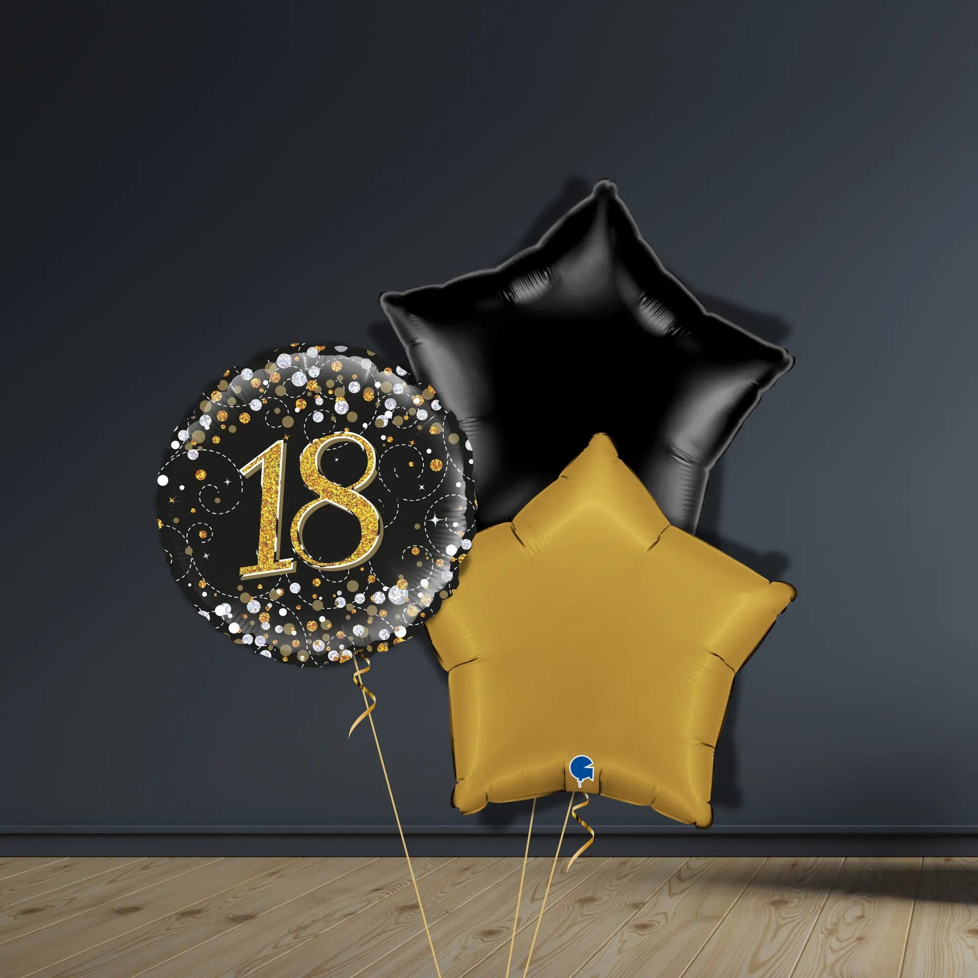 18th Birthday Balloon Package | Black & Gold Stars & Helium