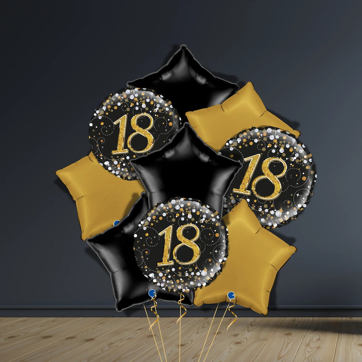 18th Birthday Balloon Package | Black & Gold Stars, Helium | The Party Hut Cheltenham