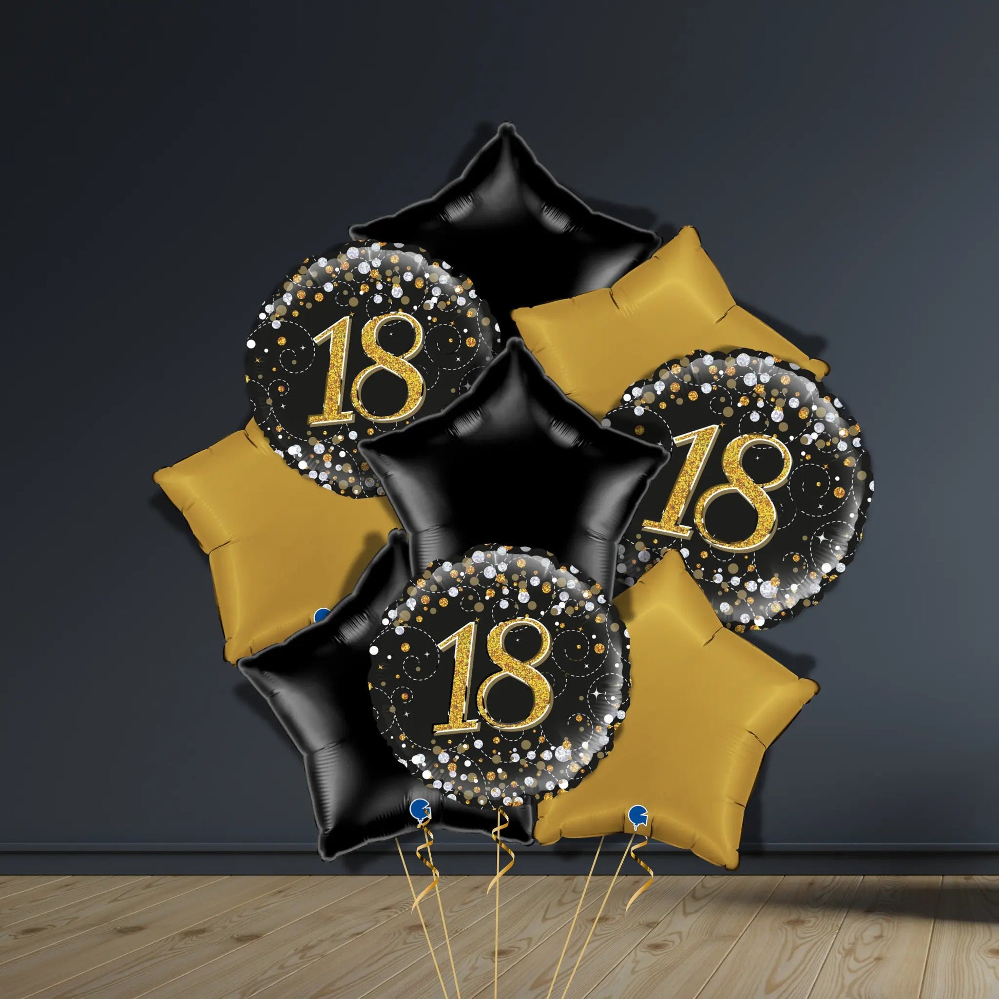 18th Birthday Balloon Package | Black & Gold Stars & Helium