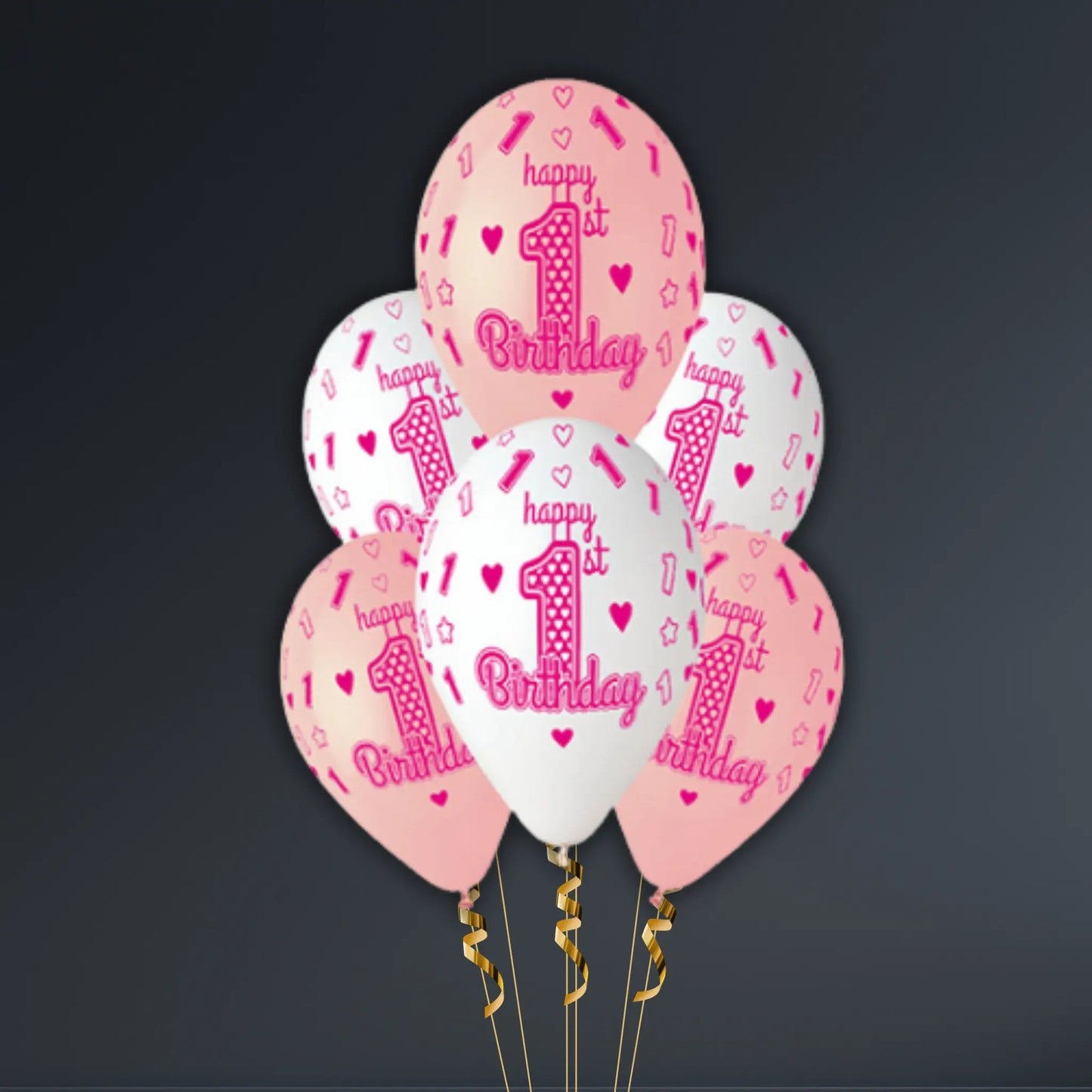 1st Birthday Girl Latex Balloon Bouquet – Set of 6 Balloons (Optional Helium & Weight) | The Party Hut Cheltenham