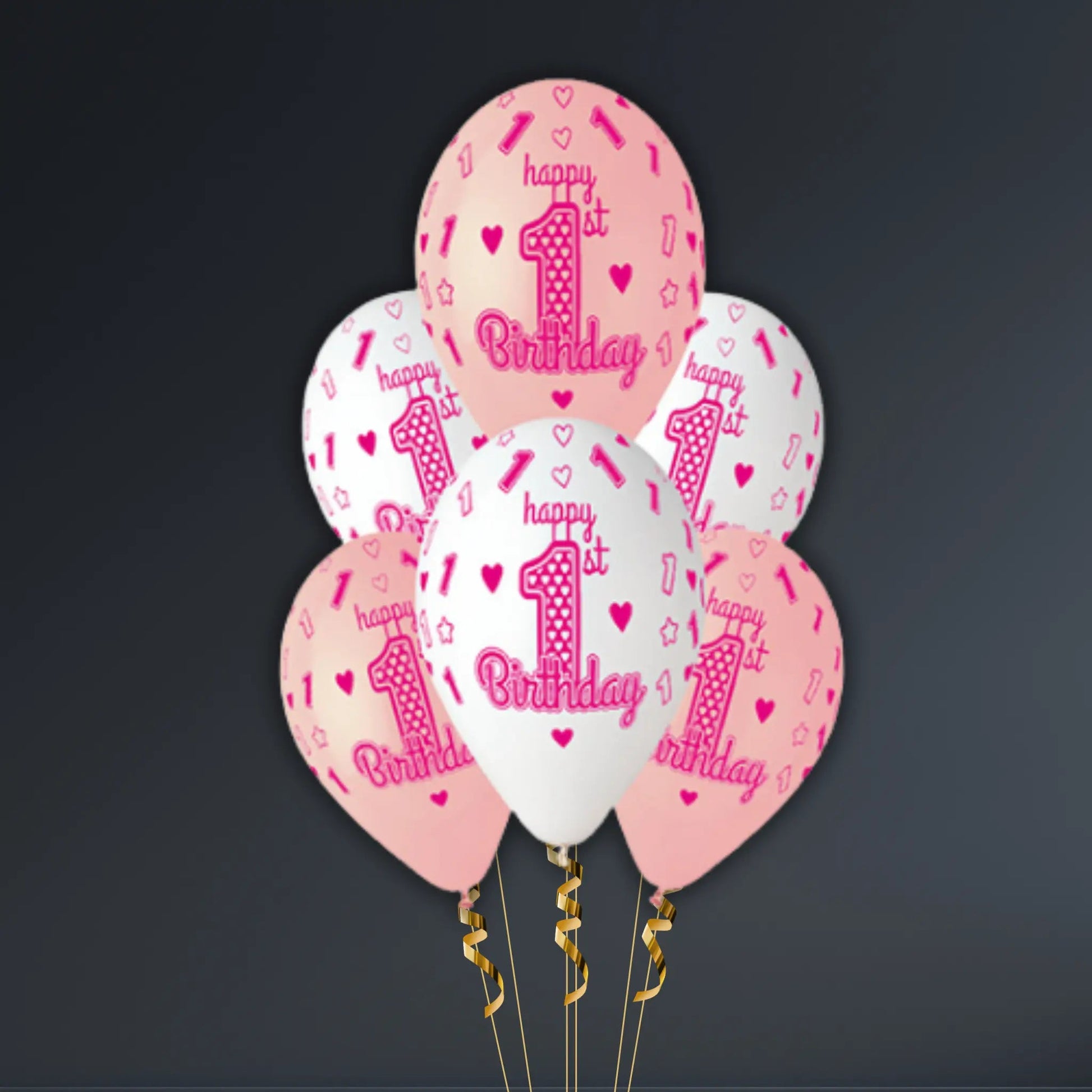1st Birthday Girl Latex Balloon Bouquet – Set of 6