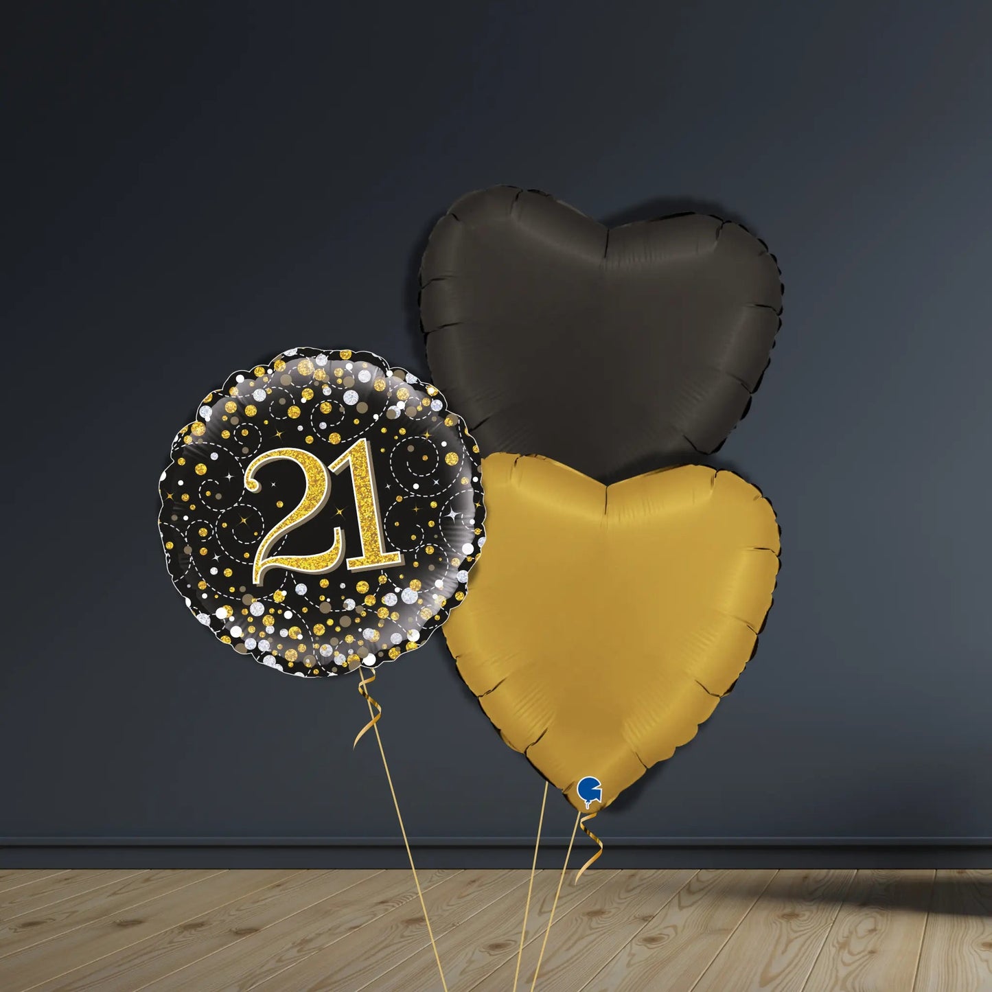 21st Birthday Balloon Package | Black & Gold Hearts, Helium | The Party Hut Cheltenham