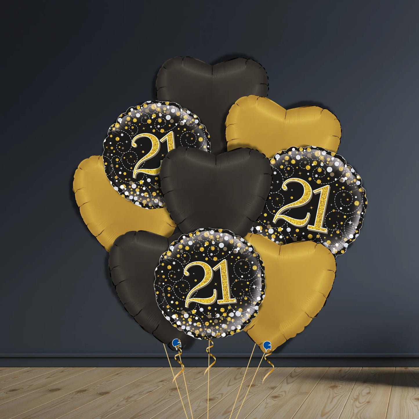 21st Birthday Balloon Package | Black & Gold Hearts, Helium | The Party Hut Cheltenham