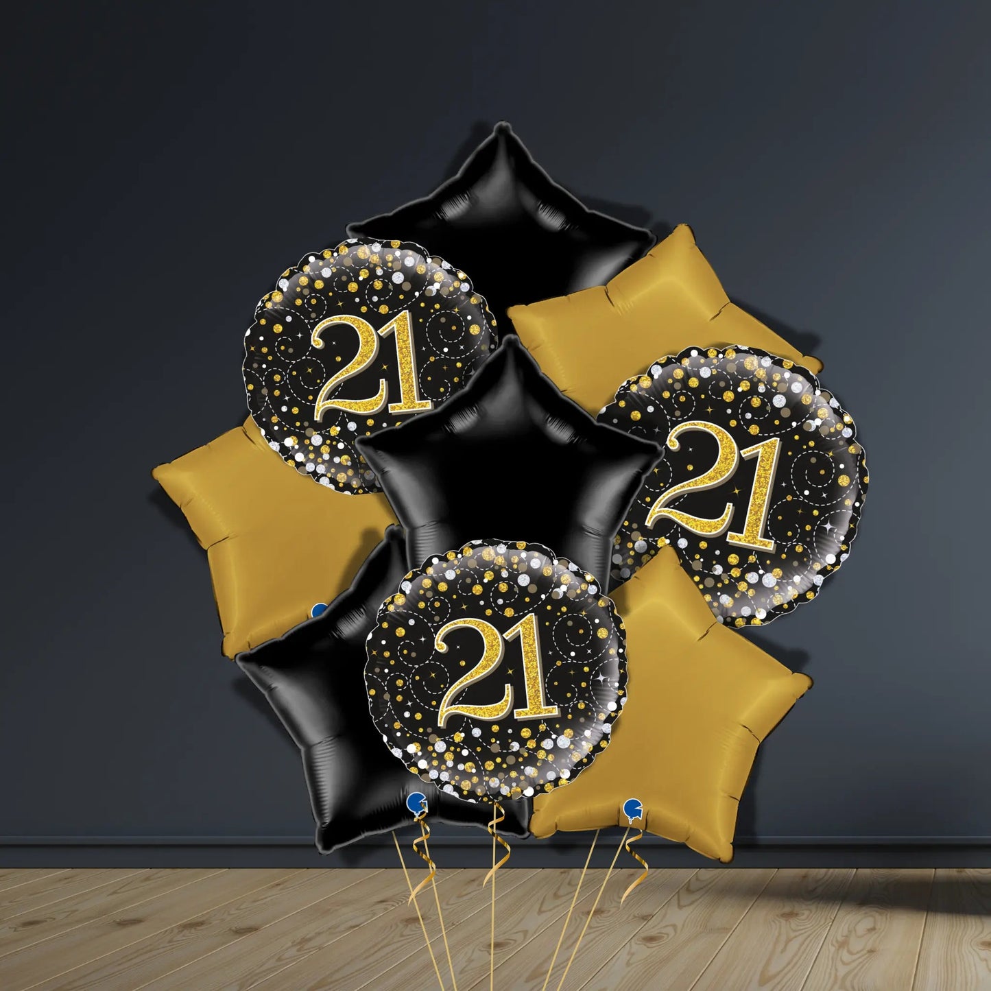 21st Birthday Balloon Package | Black & Gold Stars, Helium | The Party Hut Cheltenham