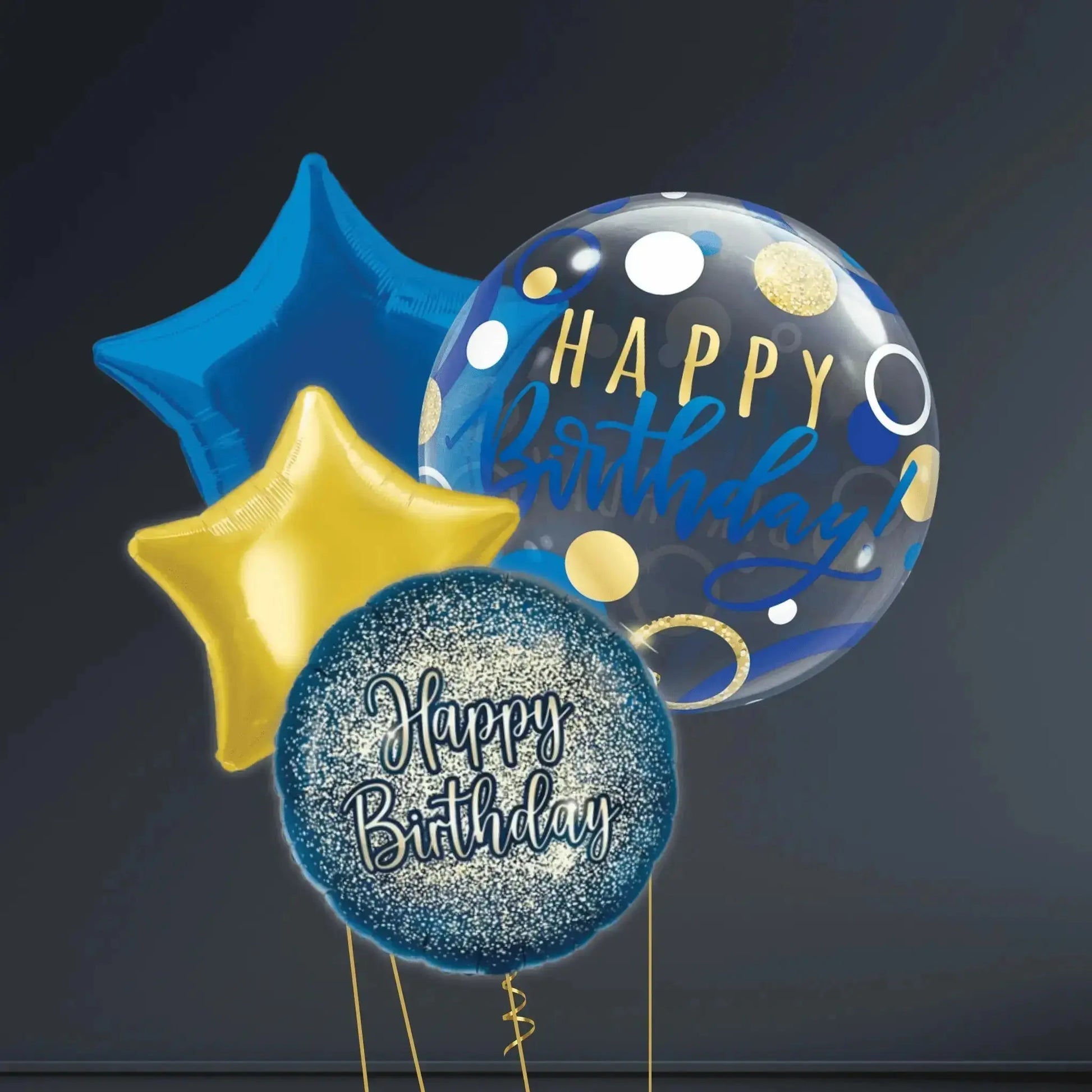 🎈 22" Blue & Gold Dots Happy Birthday Foil Balloon – Helium-Filled & Delivered 🎉