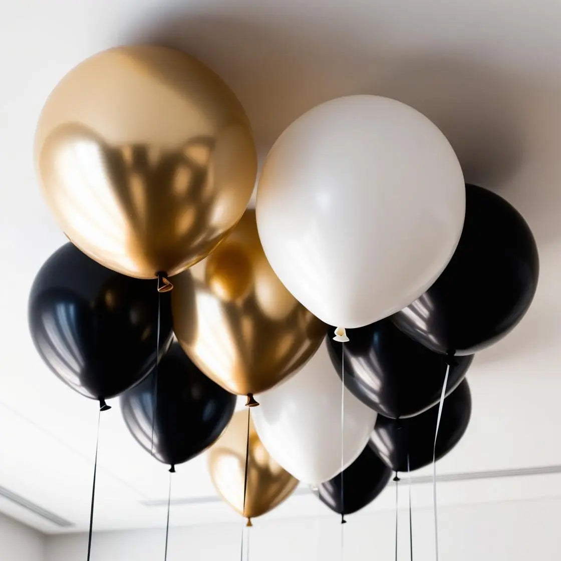25 Black, Gold and White Helium Ceiling Balloons