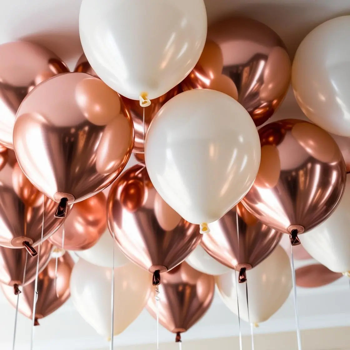 25 Rose Gold and White Helium Ceiling Balloons