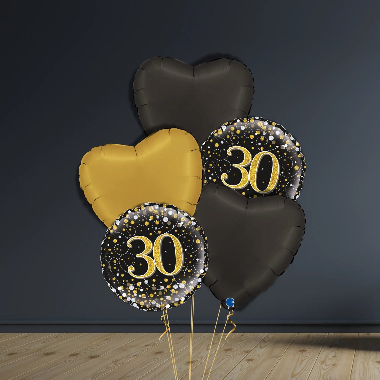 30th Birthday Balloon Package | Black & Gold Hearts, Helium | The Party Hut Cheltenham