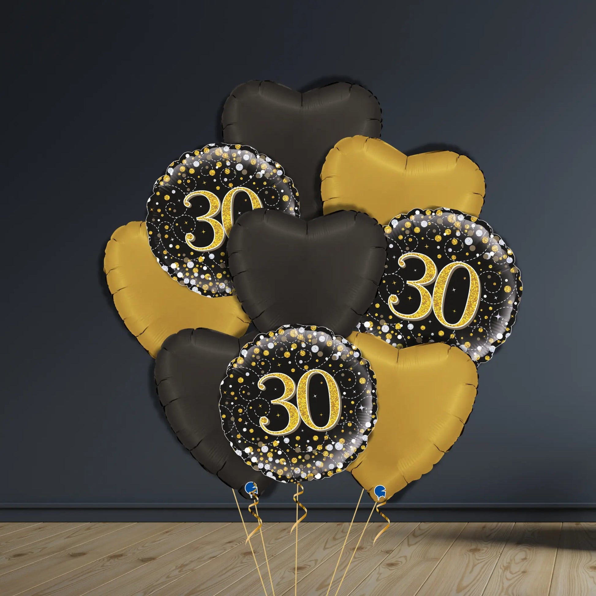 30th Birthday Balloon Package | Black & Gold Hearts & Helium
