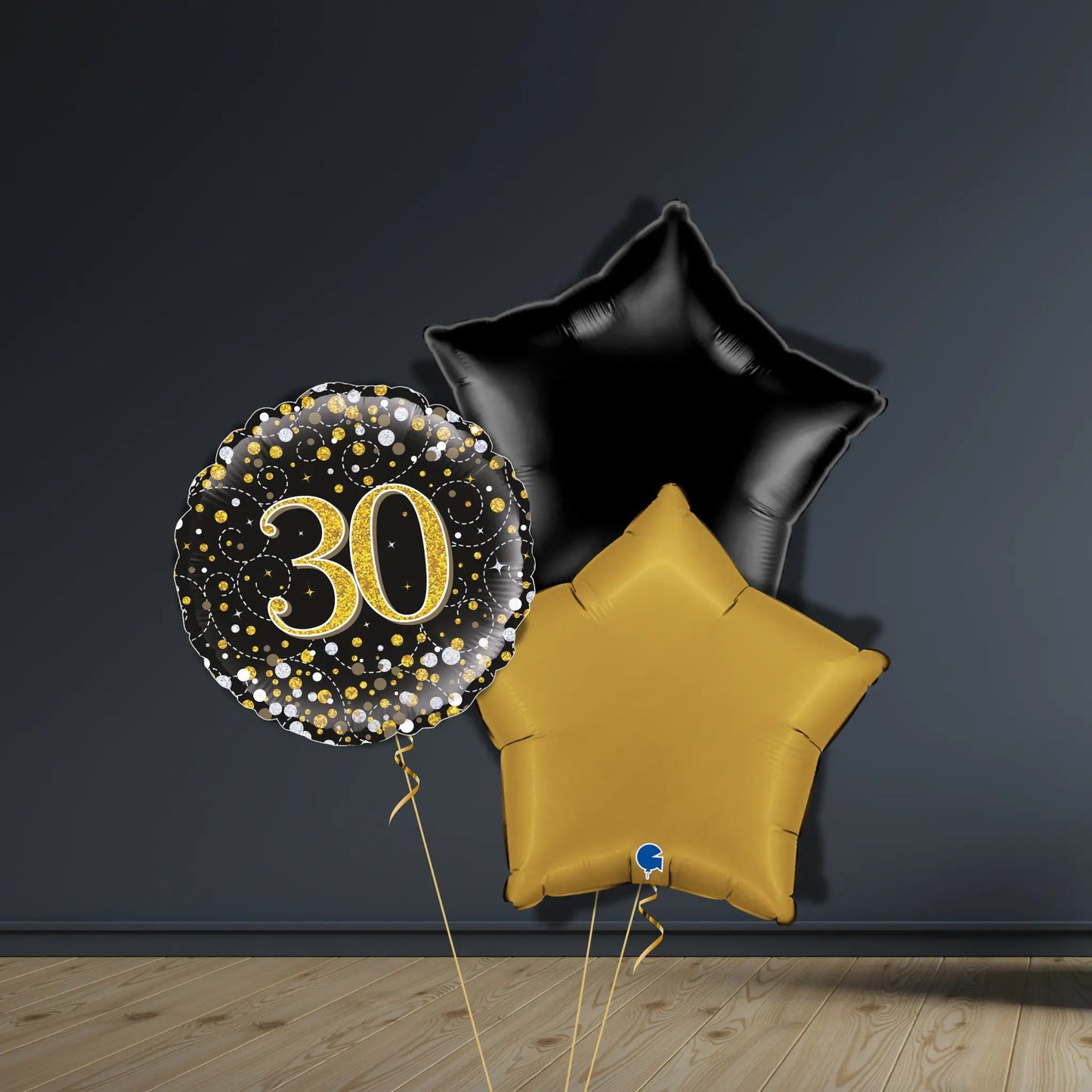 30th Birthday Balloon Package | Black & Gold Stars, Helium | The Party Hut Cheltenham