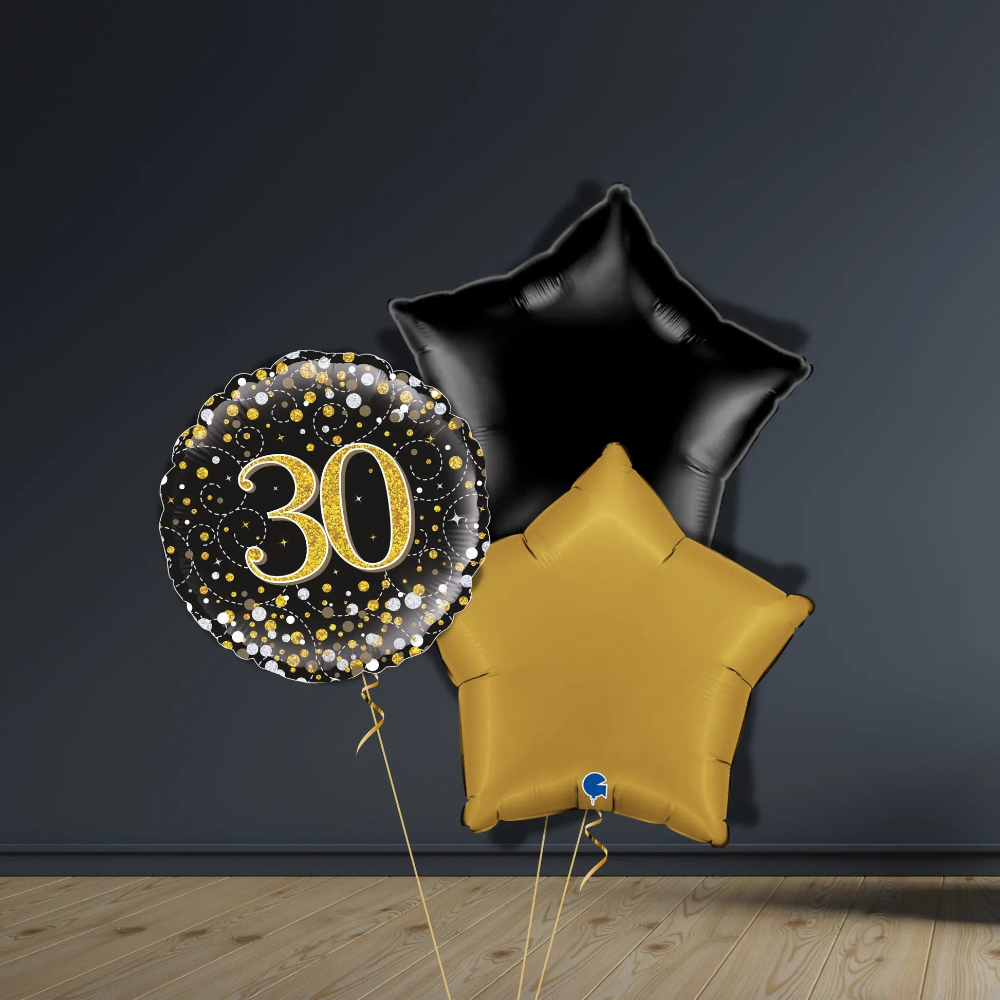 30th Birthday Balloon Package | Black & Gold Stars & Helium