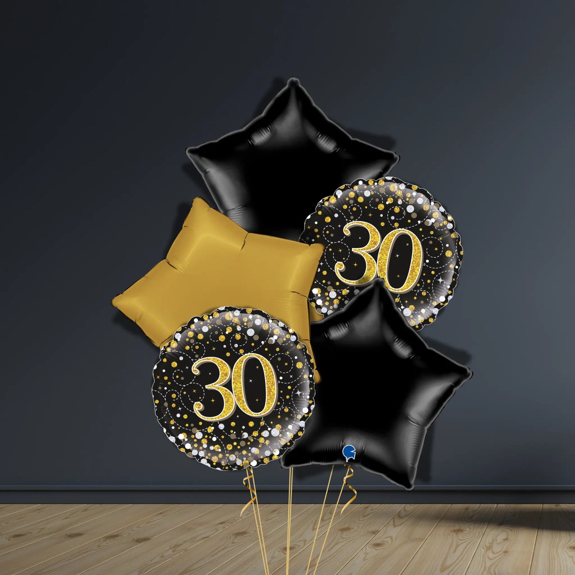 30th Birthday Balloon Package | Black & Gold Stars & Helium