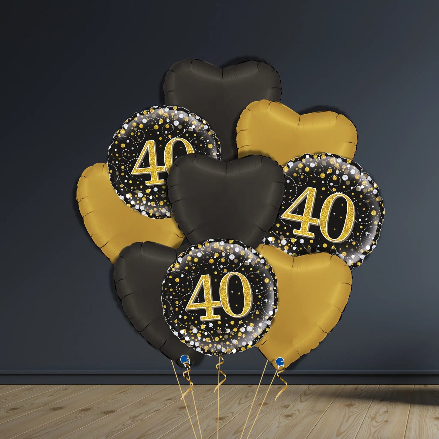 40th Birthday Balloon Package | Black & Gold Hearts, Helium | The Party Hut Cheltenham