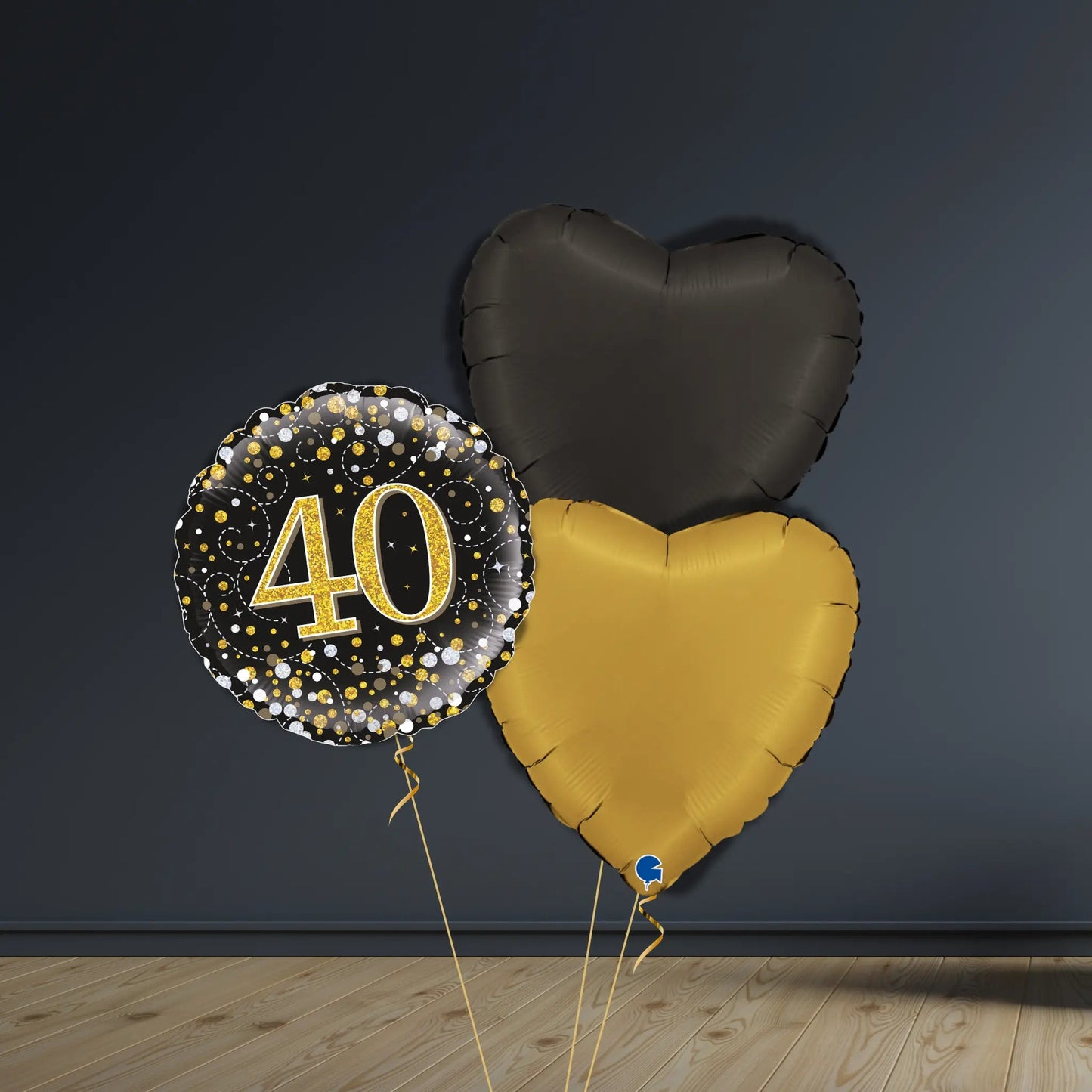 40th Birthday Balloon Package | Black & Gold Hearts, Helium | The Party Hut Cheltenham