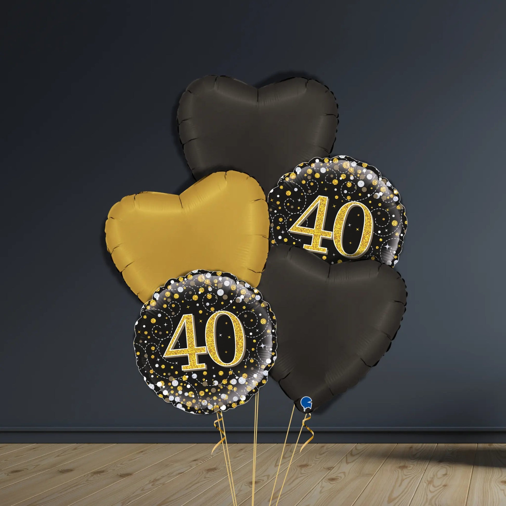 40th Birthday Balloon Package | Black & Gold Hearts & Helium