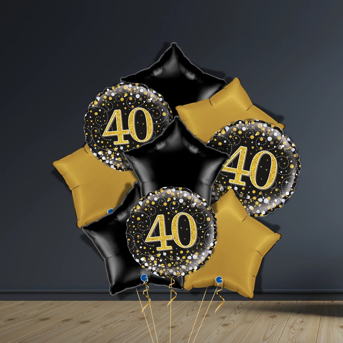 40th Birthday Balloon Package | Black & Gold Stars, Helium | The Party Hut Cheltenham
