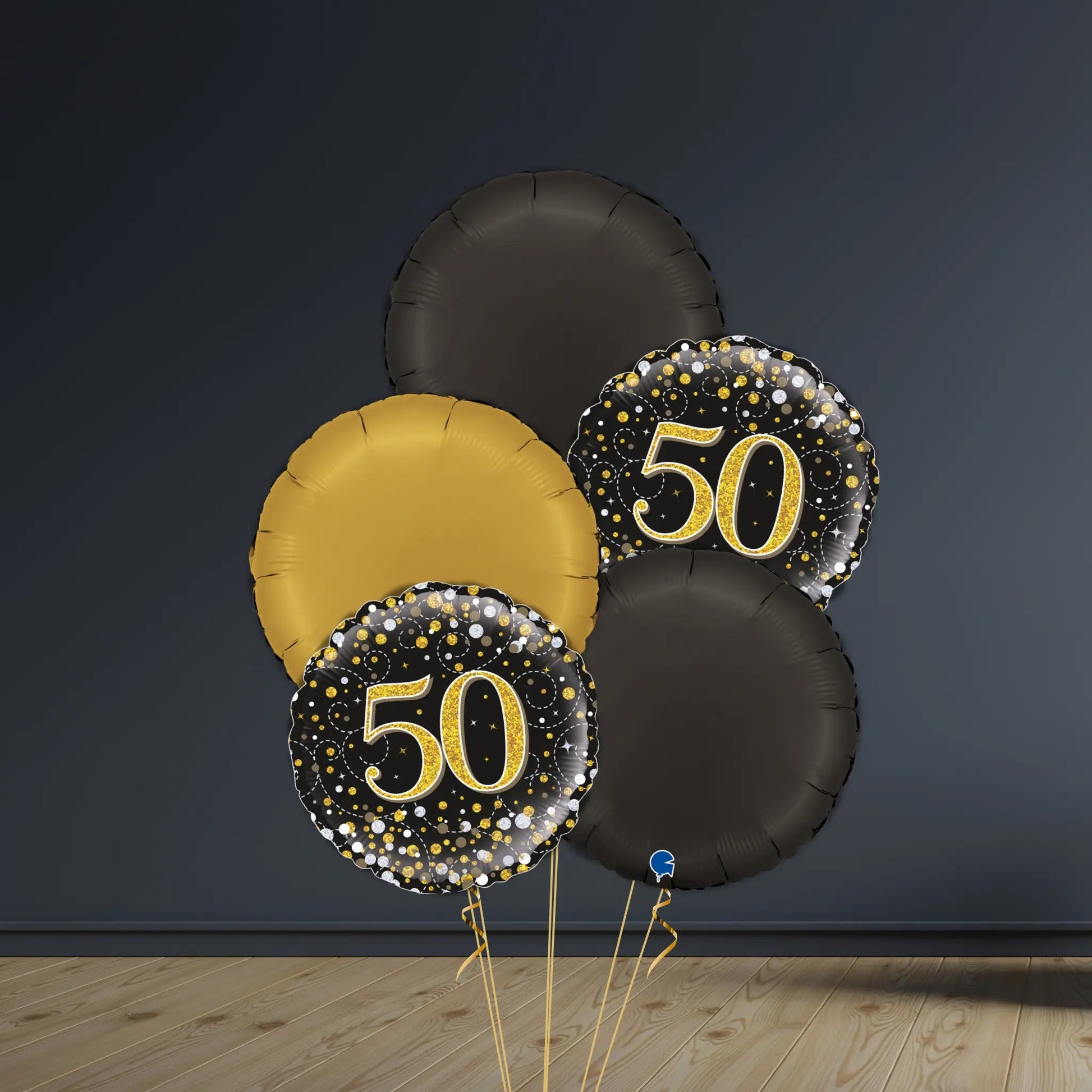 50th Birthday Balloon Package | Black & Gold Rounds, Helium