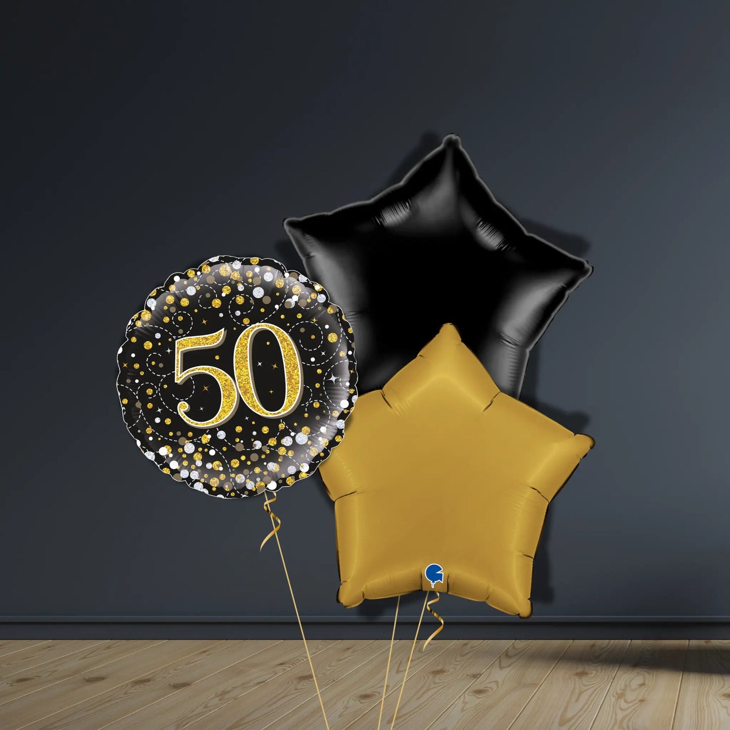50th Birthday Balloon Package | Black & Gold Stars, Helium | The Party Hut Cheltenham