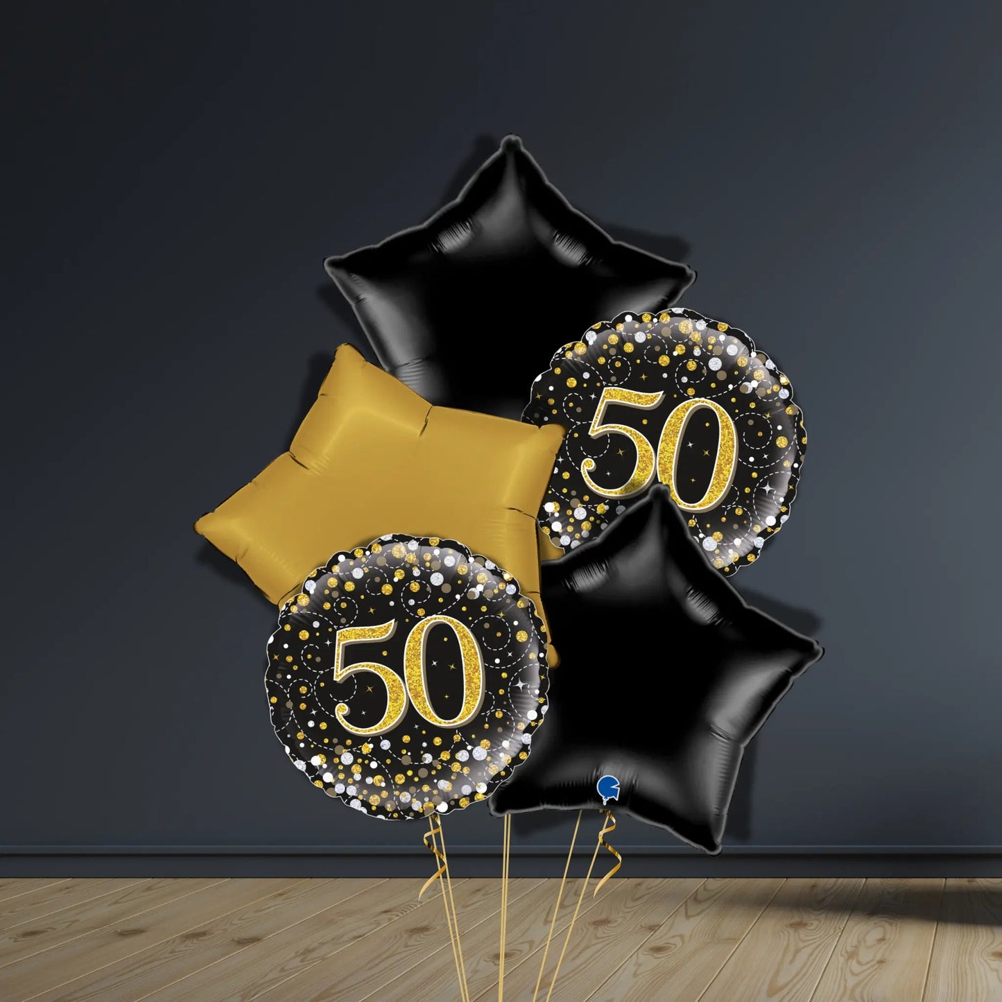 50th Birthday Balloon Package | Black & Gold Stars, Helium | The Party Hut Cheltenham