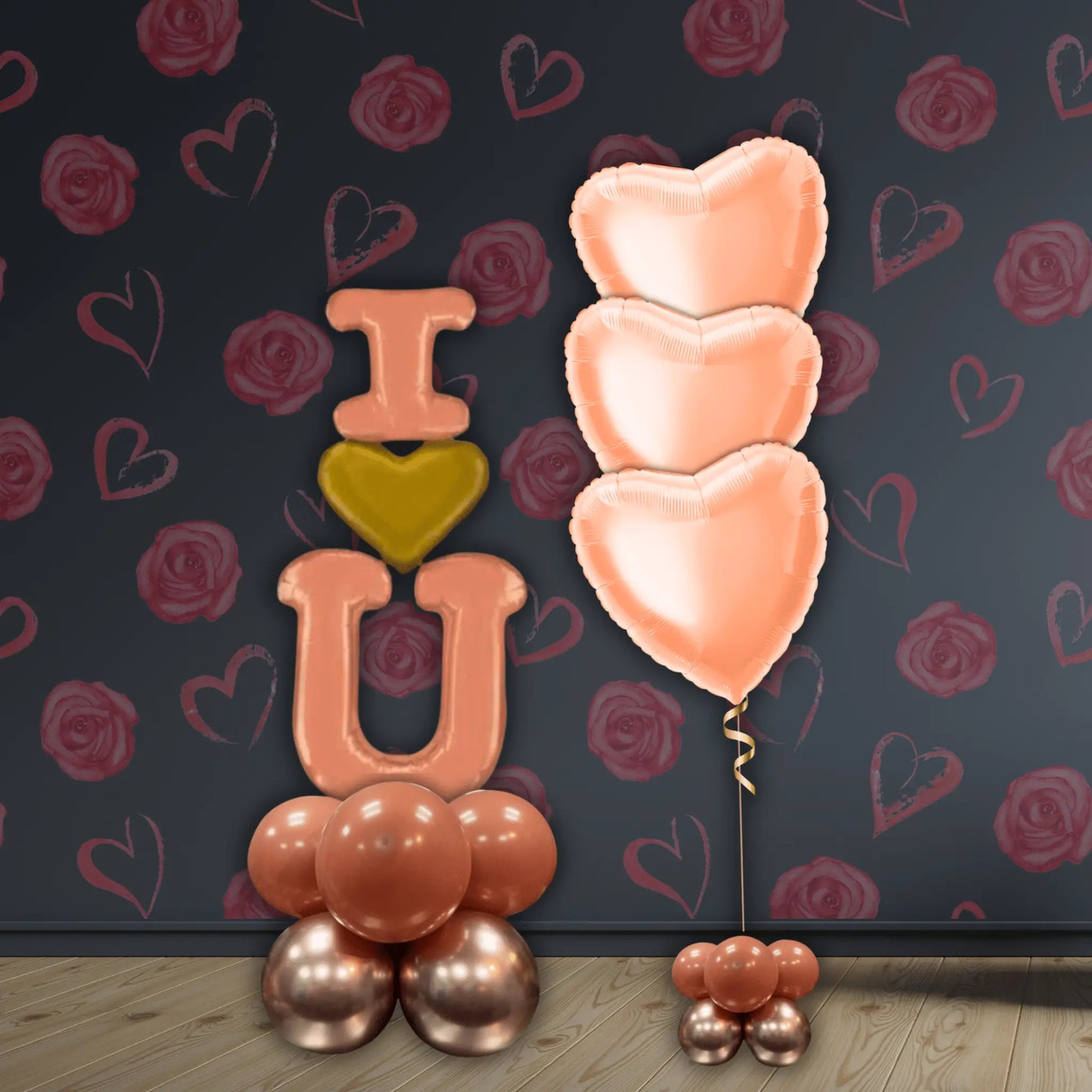 5ft "I ♥ U" Rose Gold Balloon Display – Balloon Stack with Optional Bouquet | The Party Hut