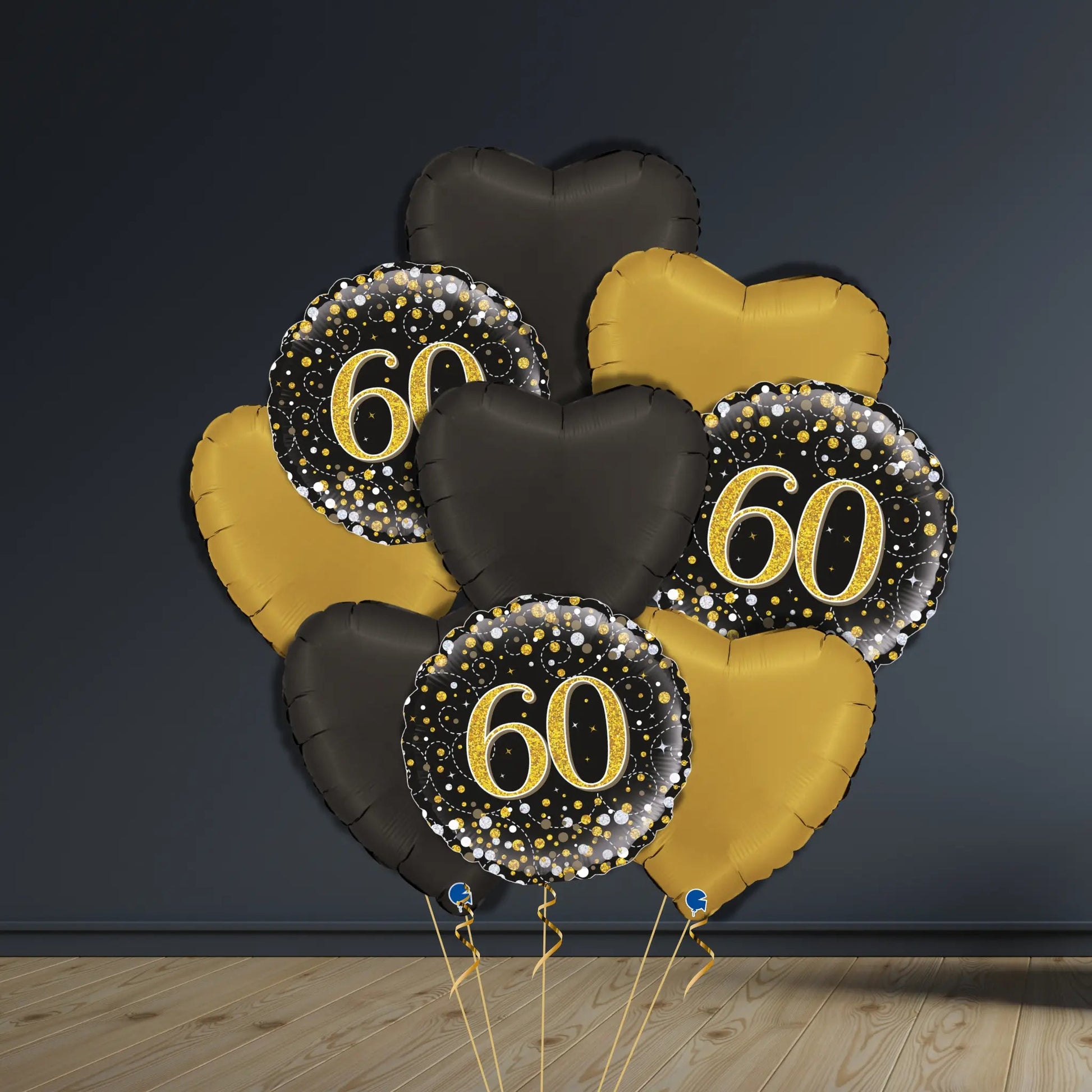 60th Birthday Balloon Package | Black & Gold Hearts & Helium