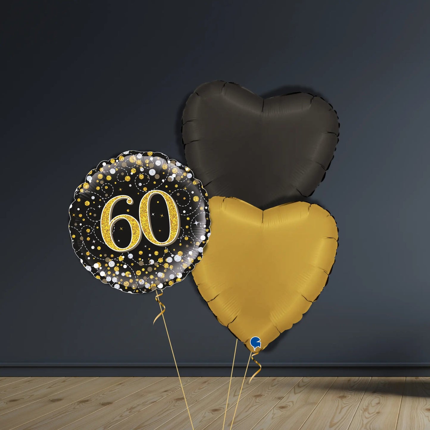 60th Birthday Balloon Package | Black & Gold Hearts, Helium | The Party Hut Cheltenham