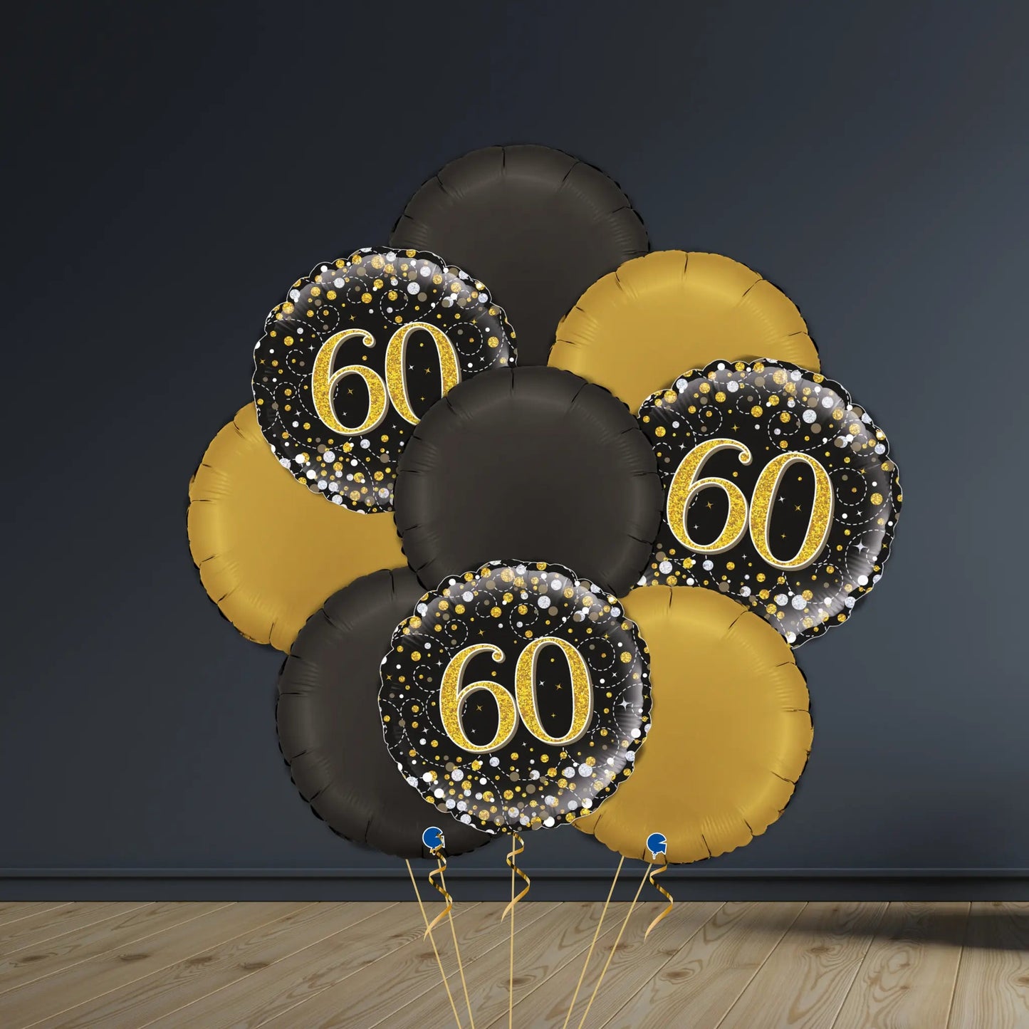 60th Birthday Balloon Package | Black & Gold Rounds, Helium | The Party Hut Cheltenham