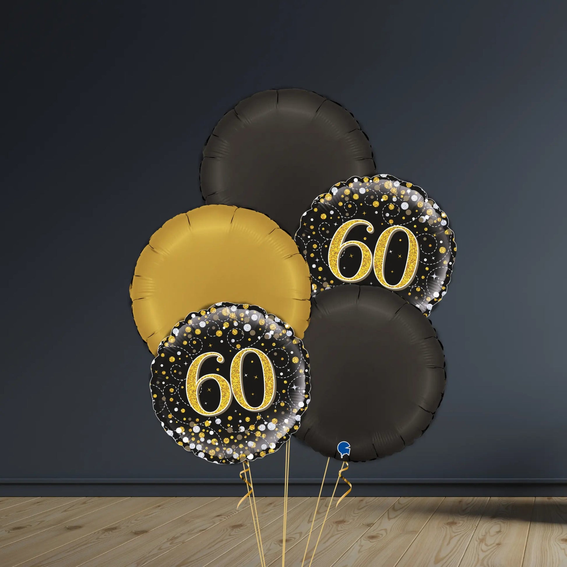 60th Birthday Balloon Package | Black & Gold Rounds, Helium