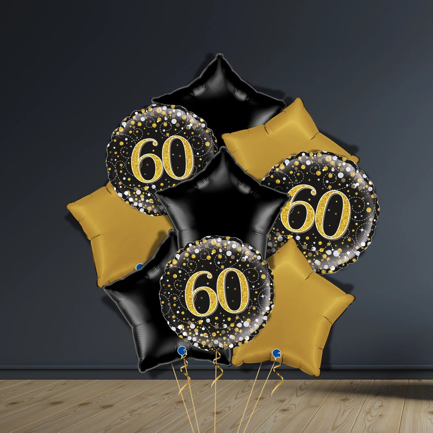 60th Birthday Balloon Package | Black & Gold Stars, Helium | The Party Hut Cheltenham
