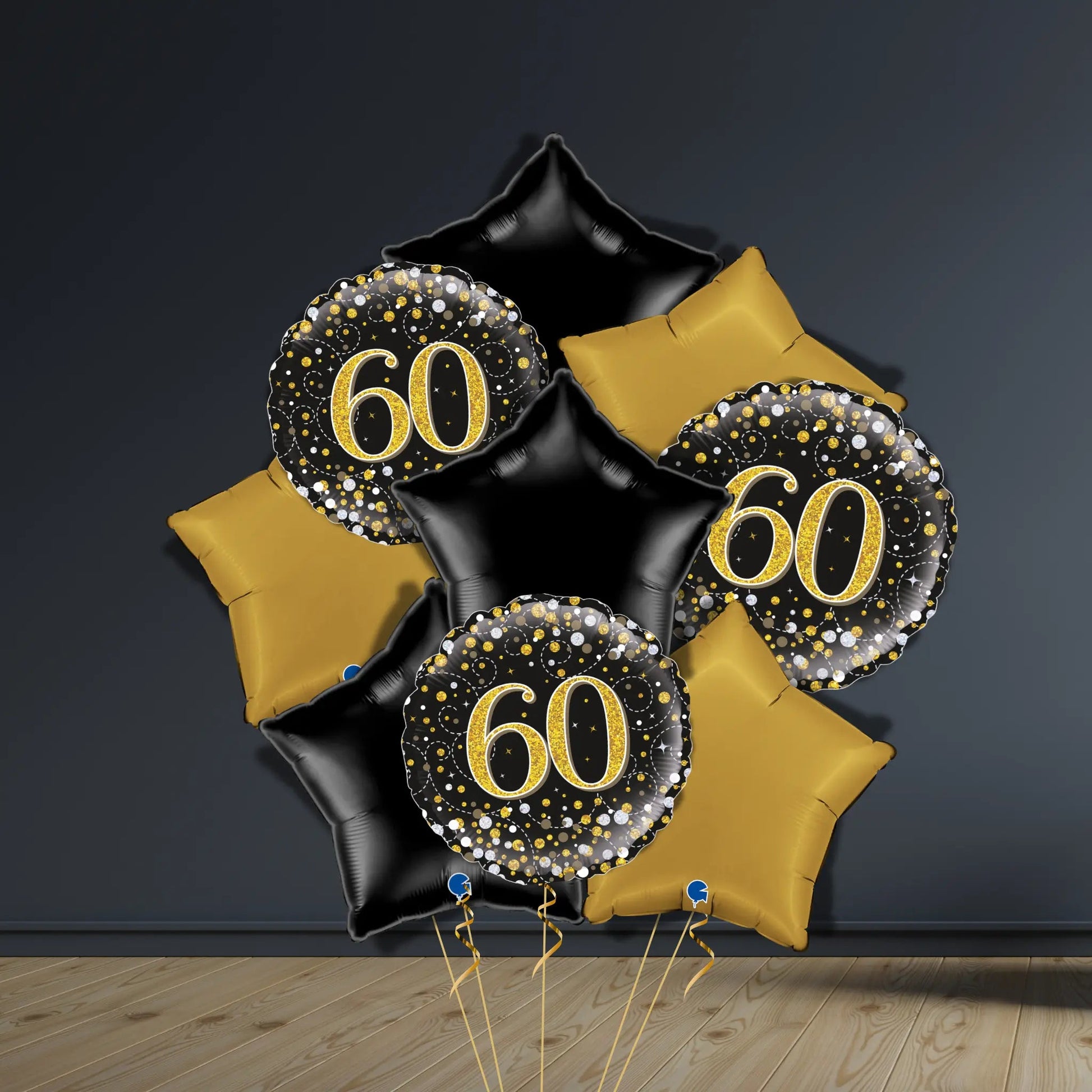 60th Birthday Balloon Package | Black & Gold Stars & Helium