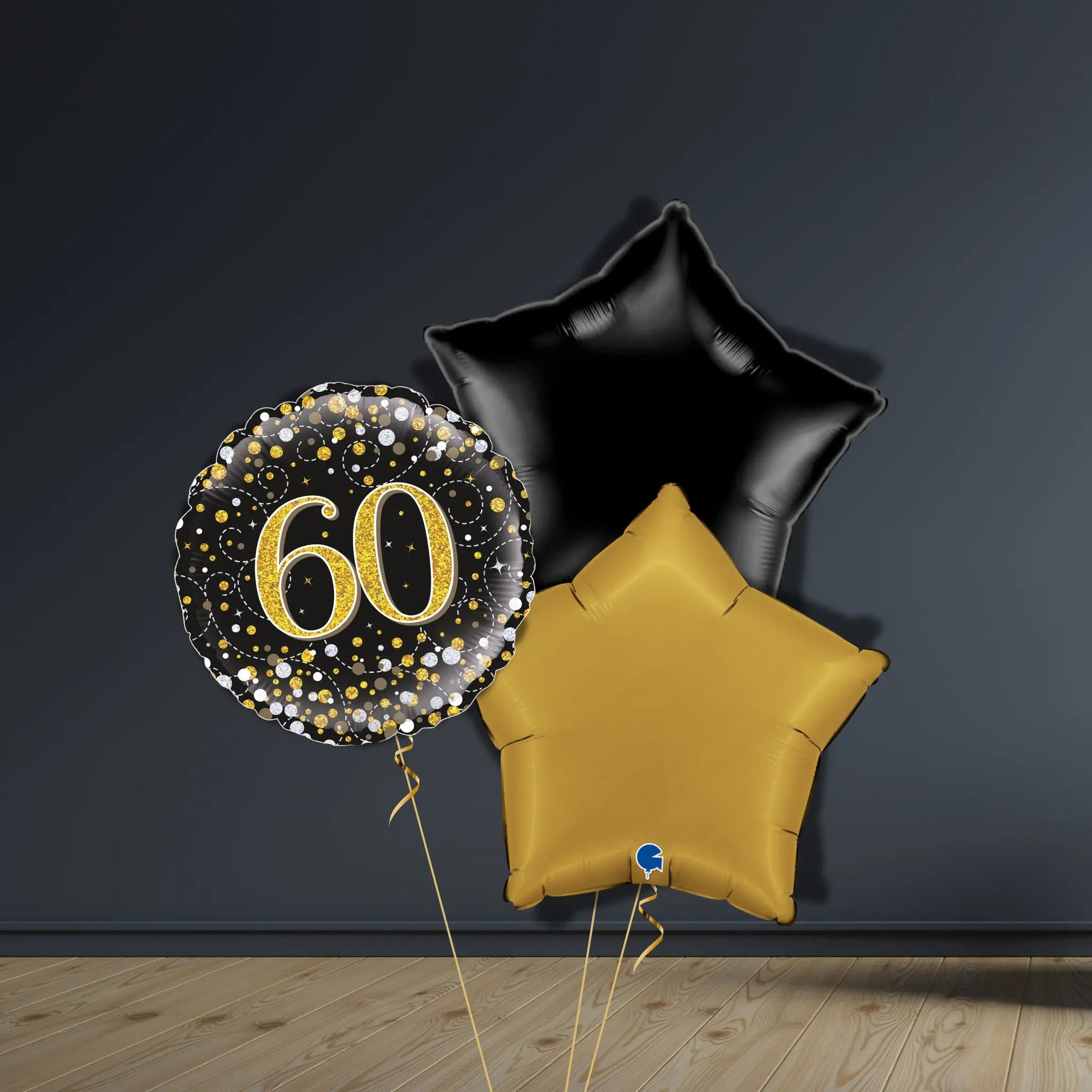 60th Birthday Balloon Package | Black & Gold Stars & Helium