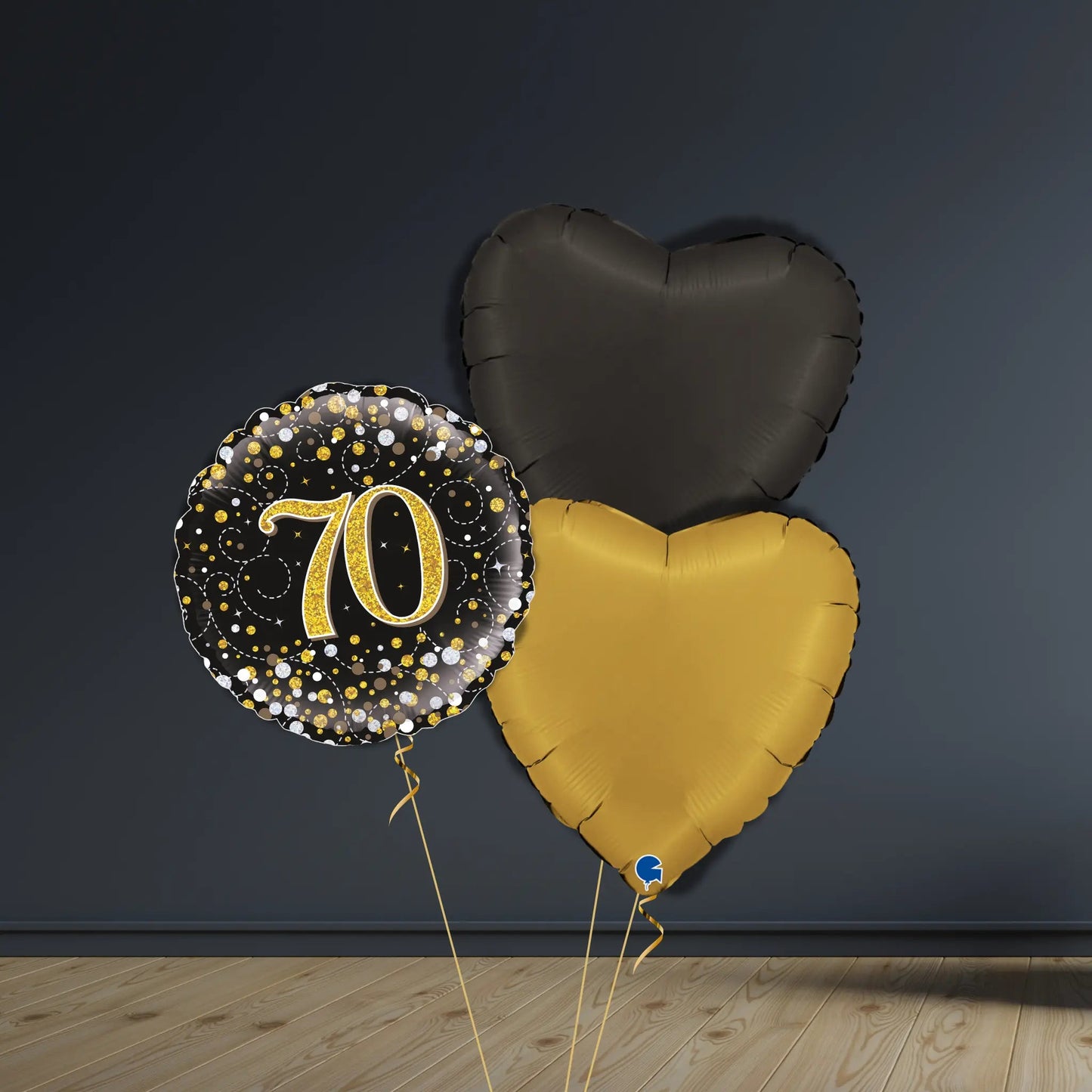 70th Birthday Balloon Package | Black & Gold Hearts, Helium | The Party Hut Cheltenham